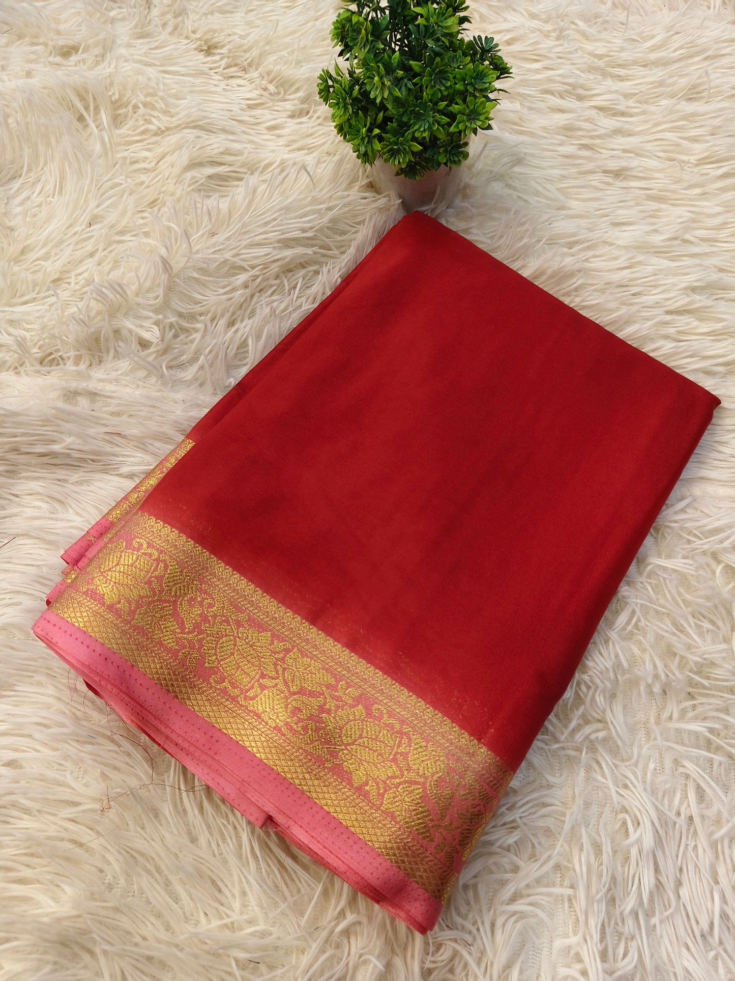 Red With Pink semi Mysore crepe silk saree