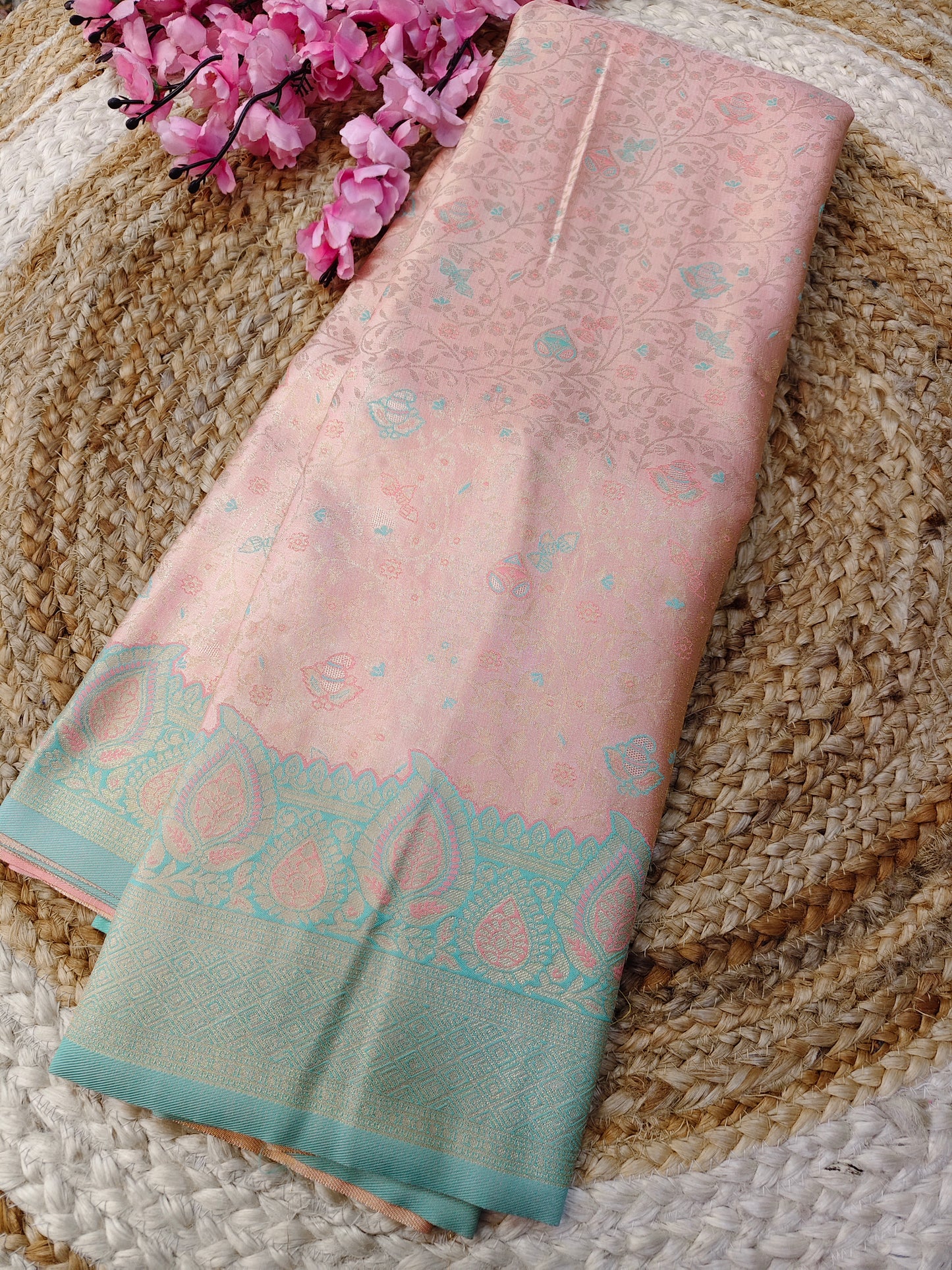 Peach with Blue Soft satin Silk saree