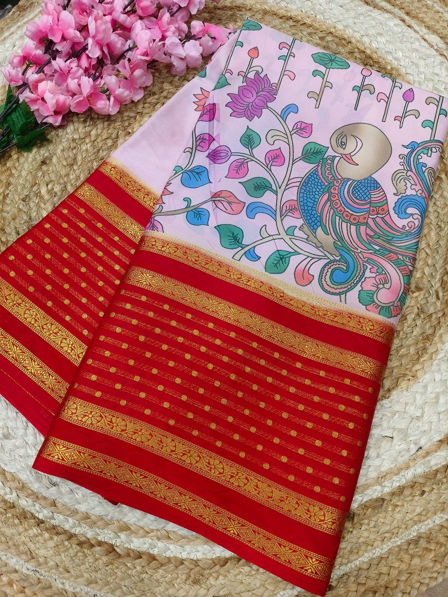 Pinkish with Red Digital peacock printed semi Mysore crepe silk saree