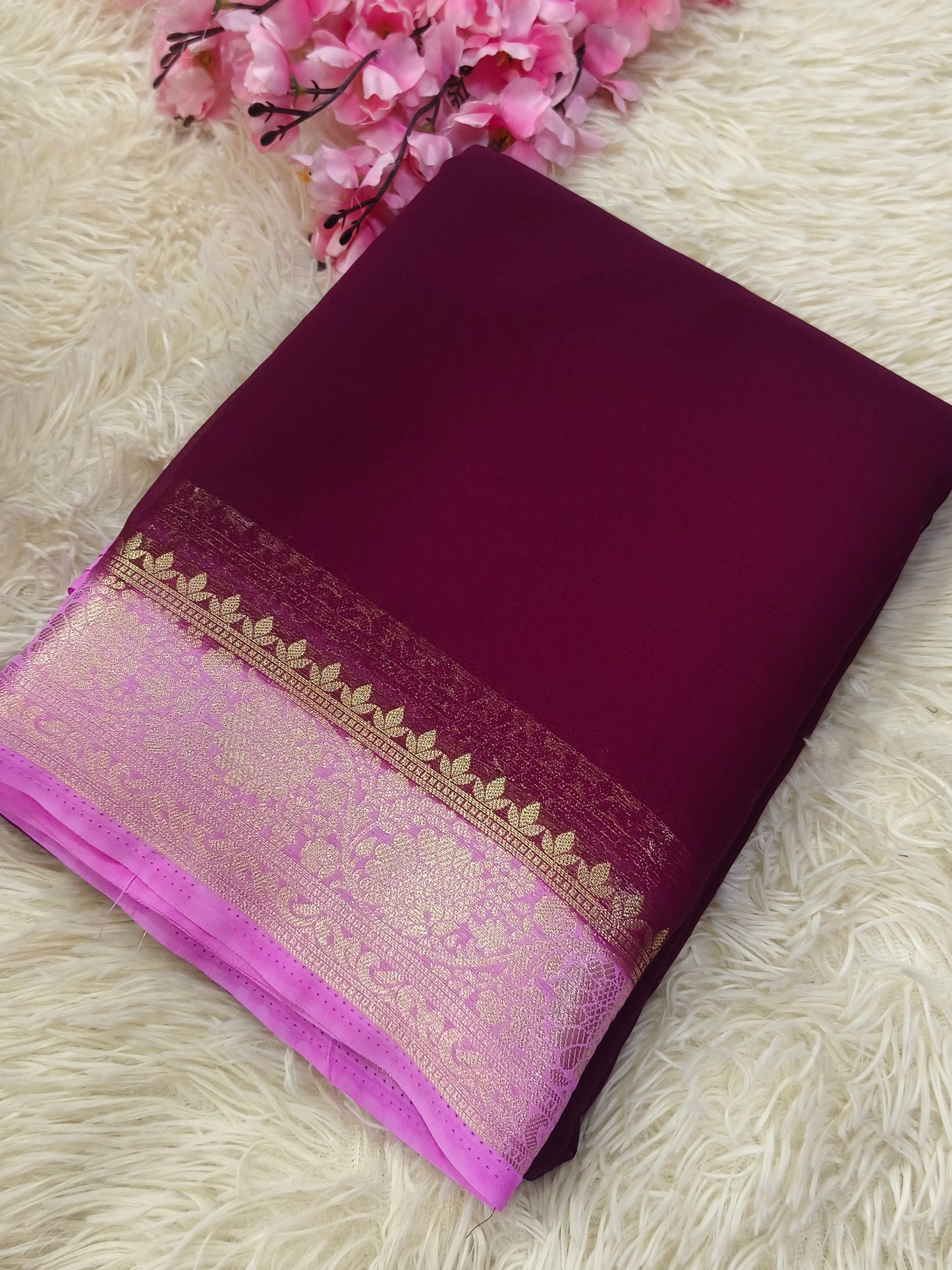 Wine with Candy Pink Semi crepe georgette silk saree