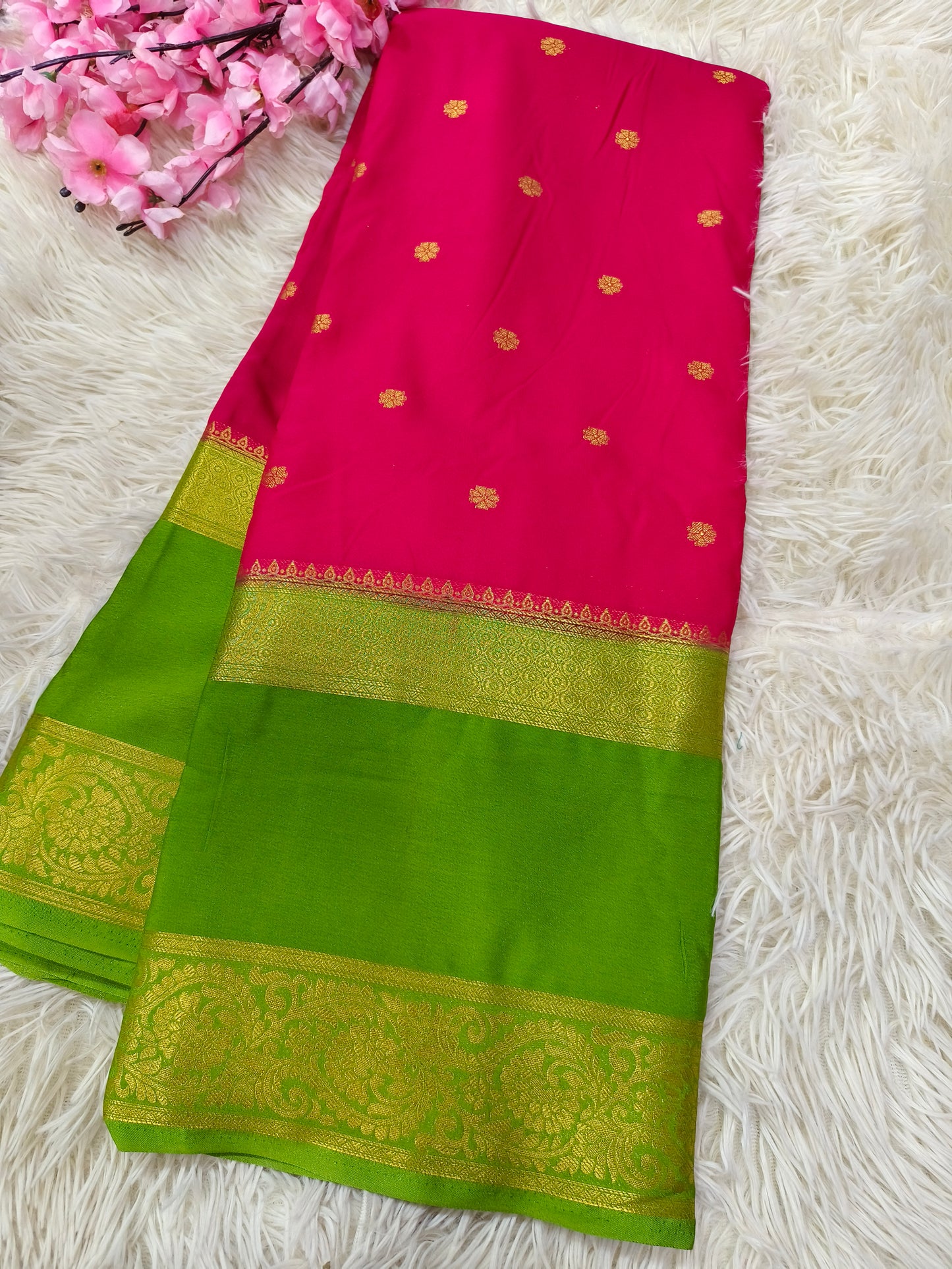 Pink with green Semi Mysore crepe silk saree