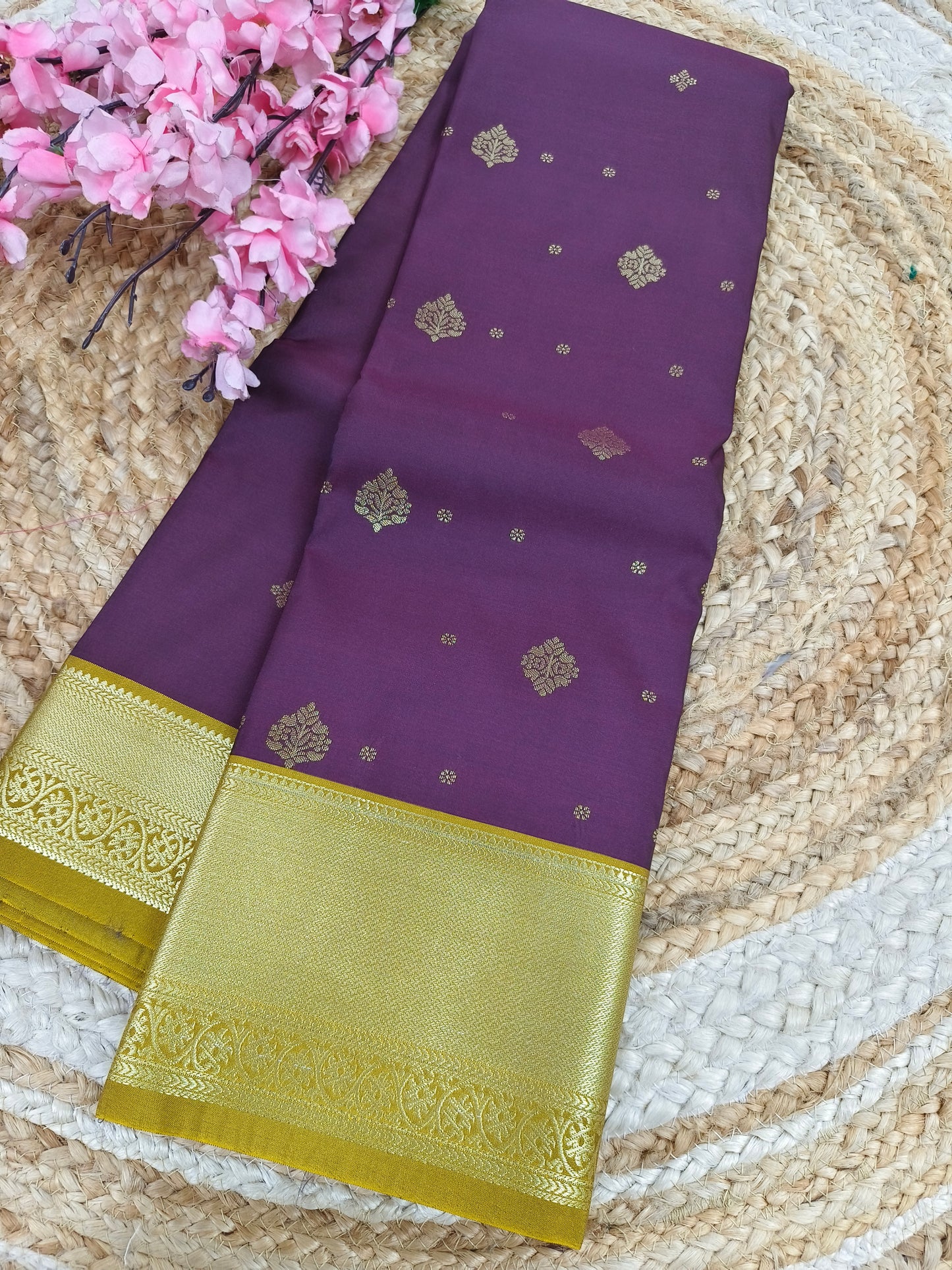Wine with mehendi green Elegant semi kanjivaram silk saree