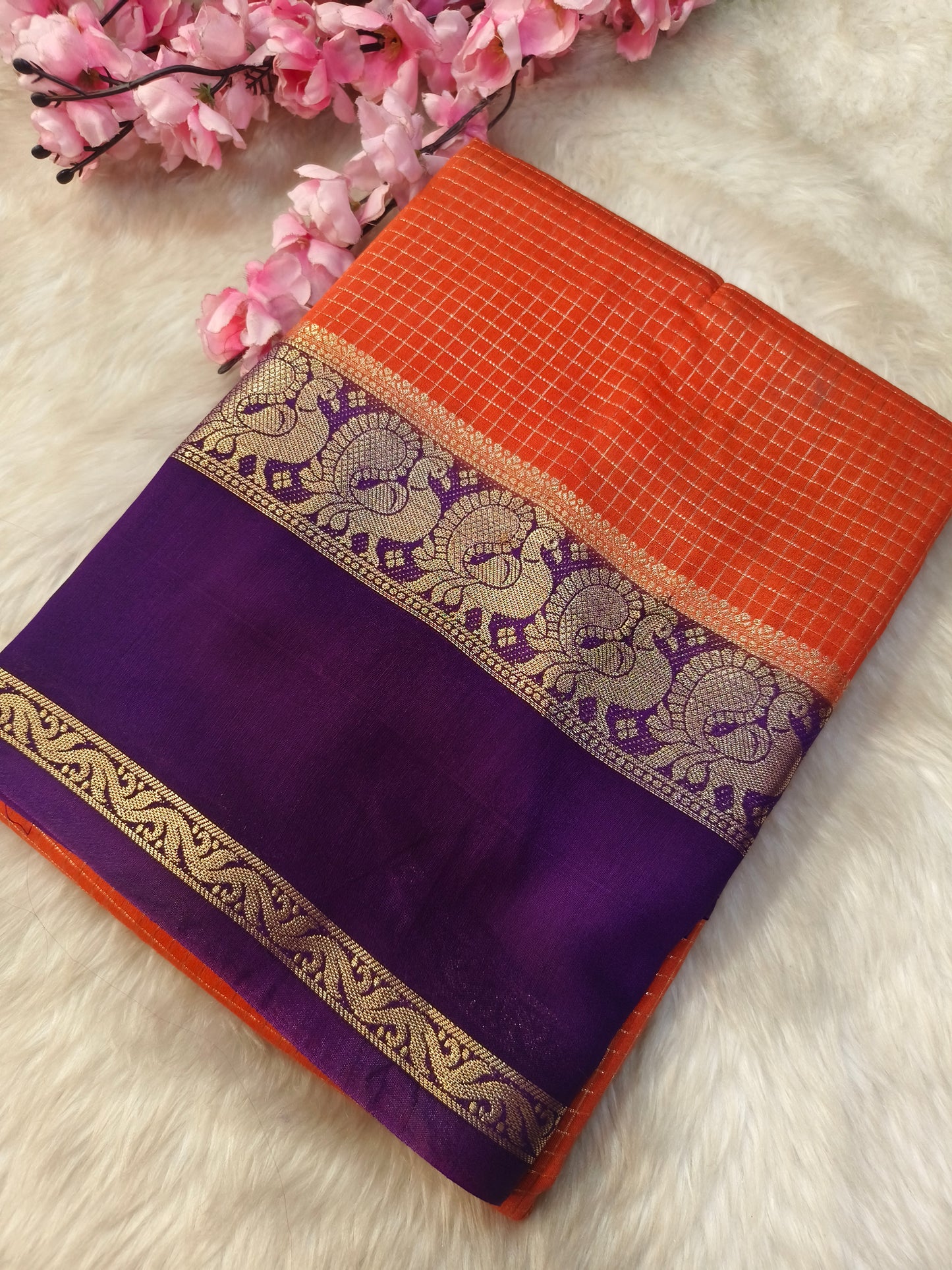 Orange with purple Assam silk saree