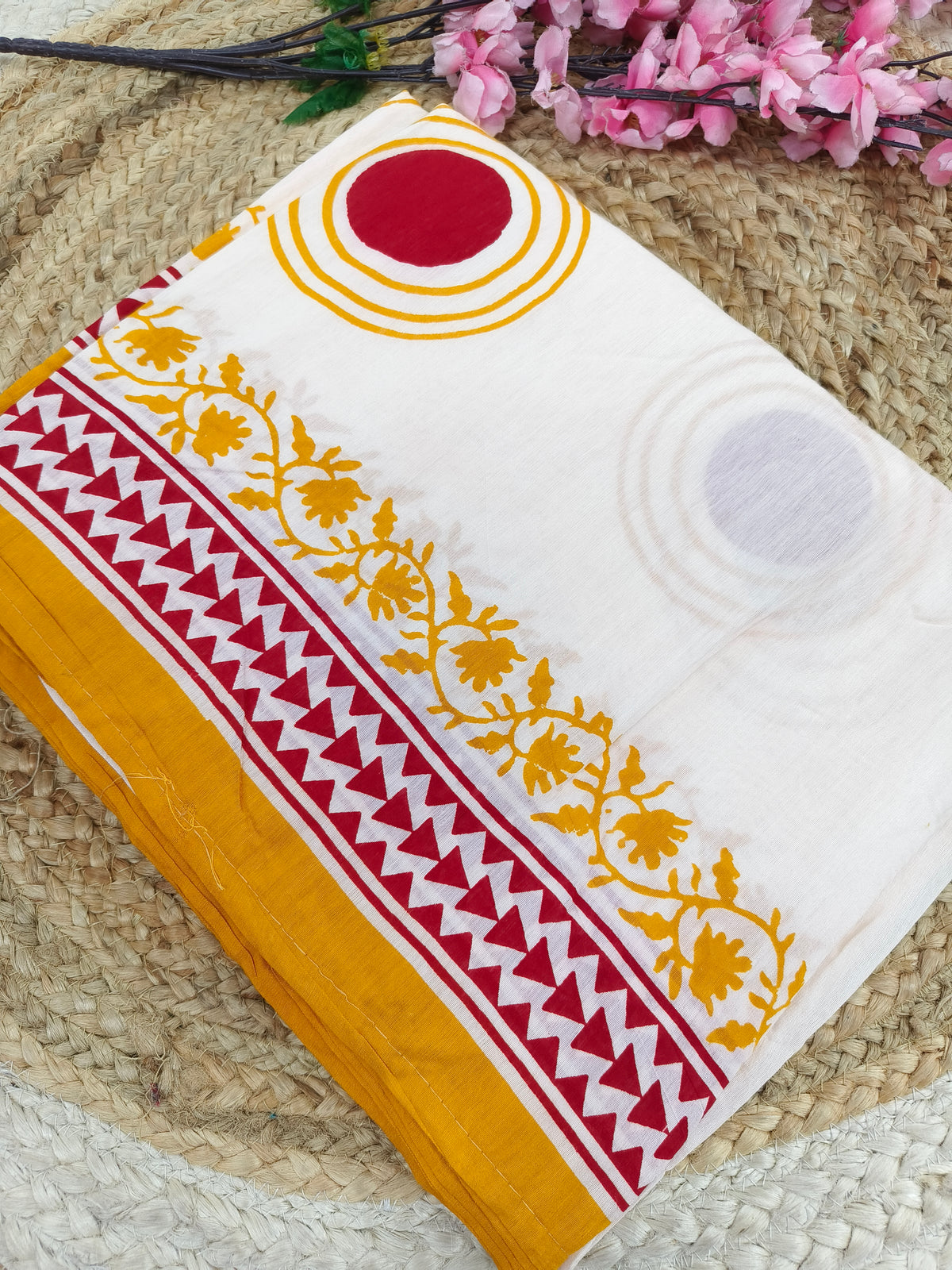 Pristine White Hand Block Printed Cotton Saree with yellow Floral & Geometric Border
