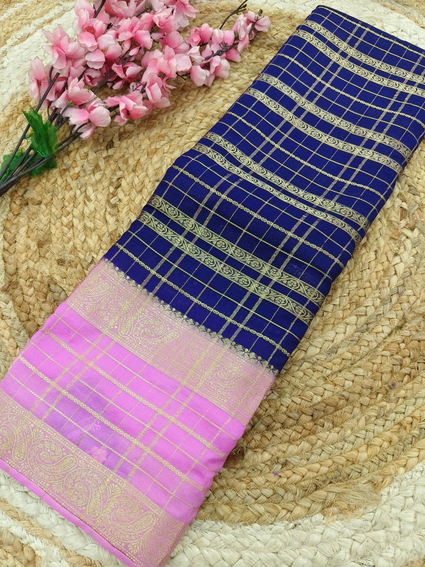 Navy blue with light pink crepe Georgette saree
