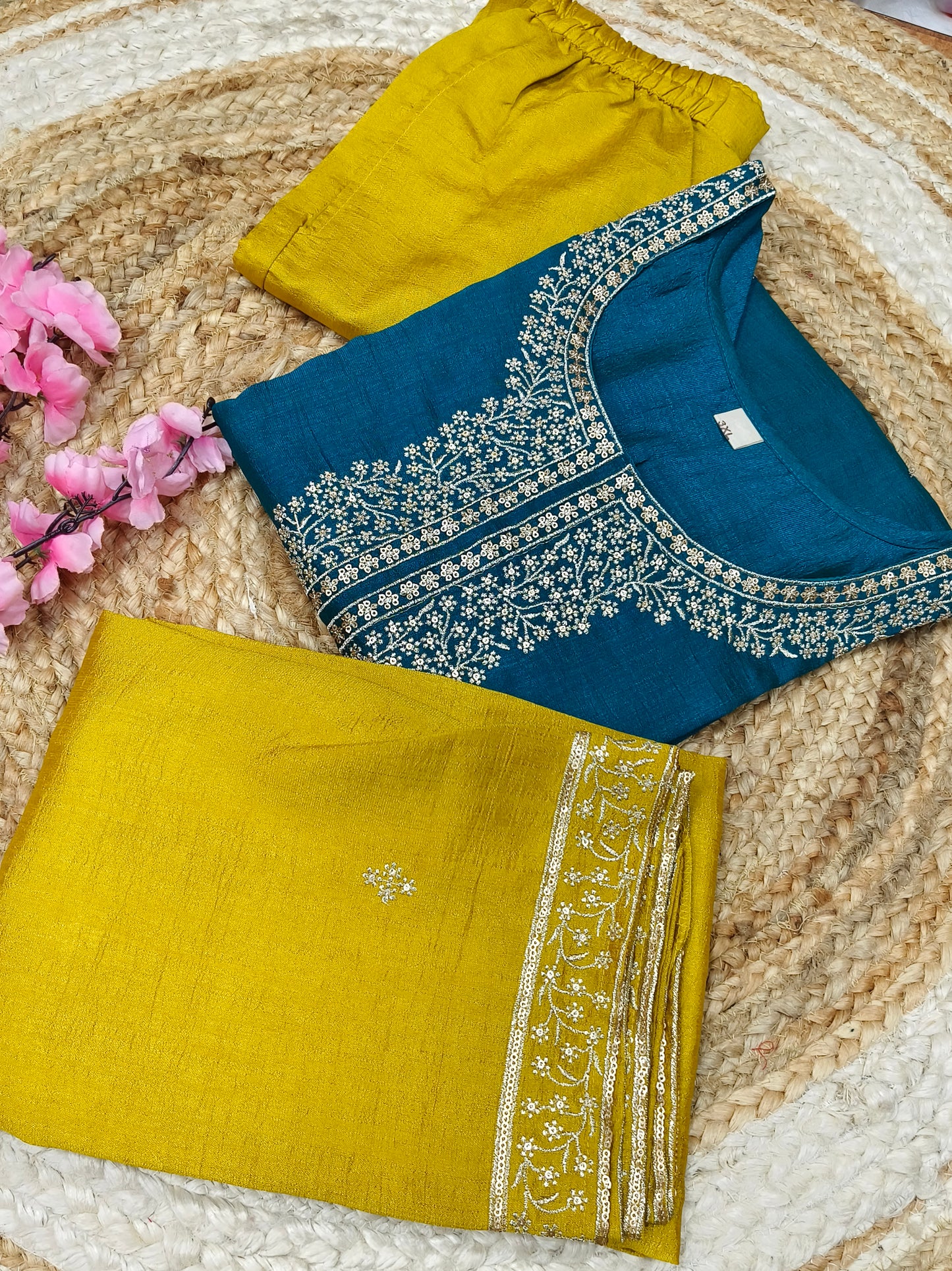 peacock blue with yellow designer suit