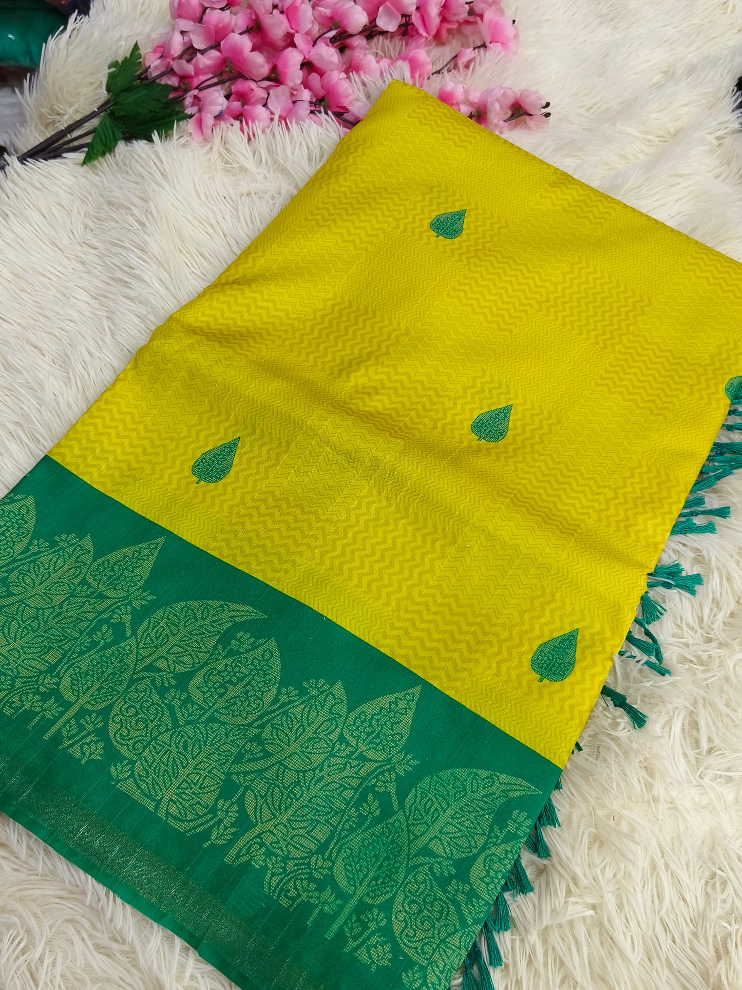 Yellow With Green Tussar silk saree