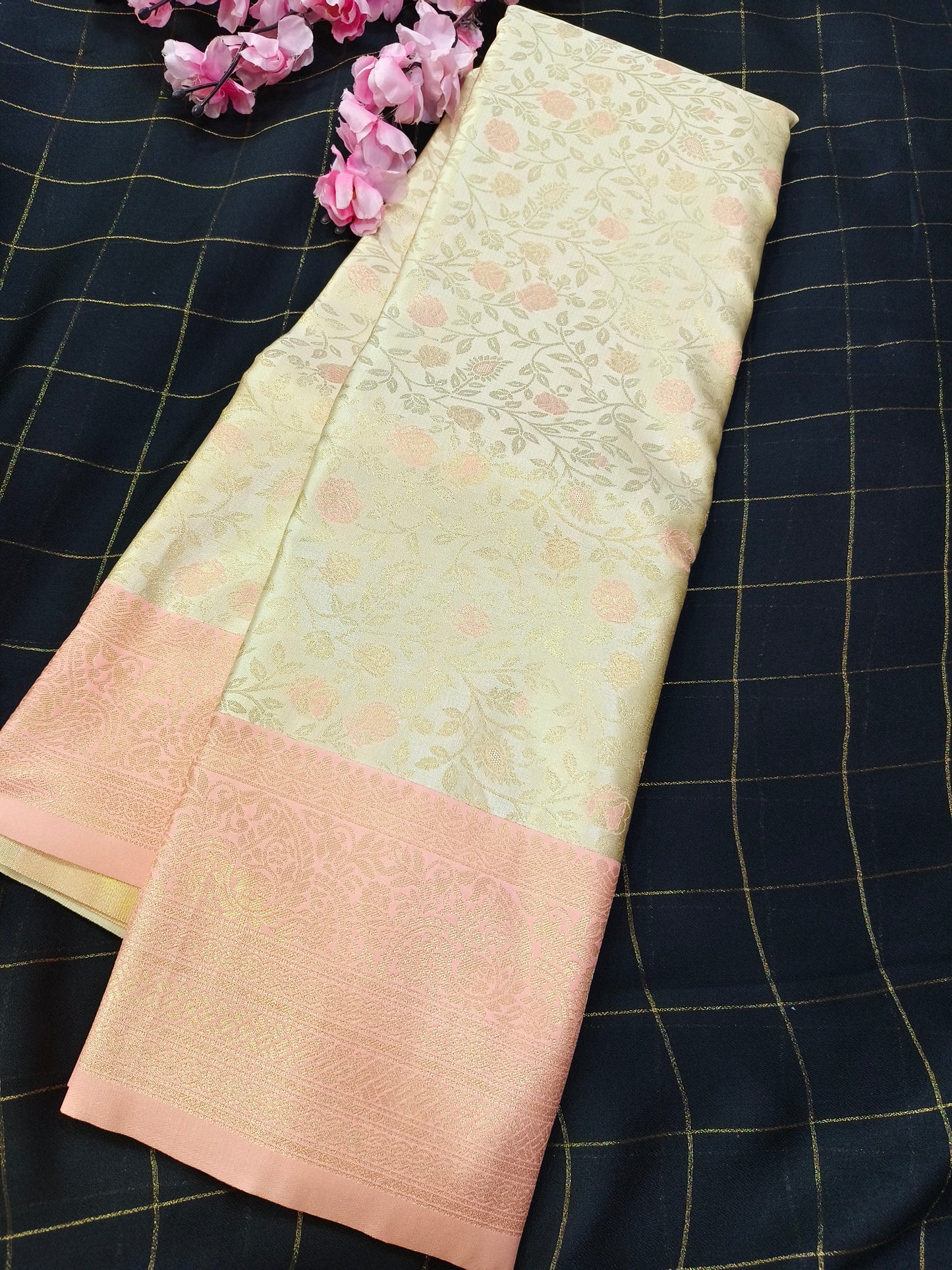 Ivory with light Peach Soft satin Silk saree