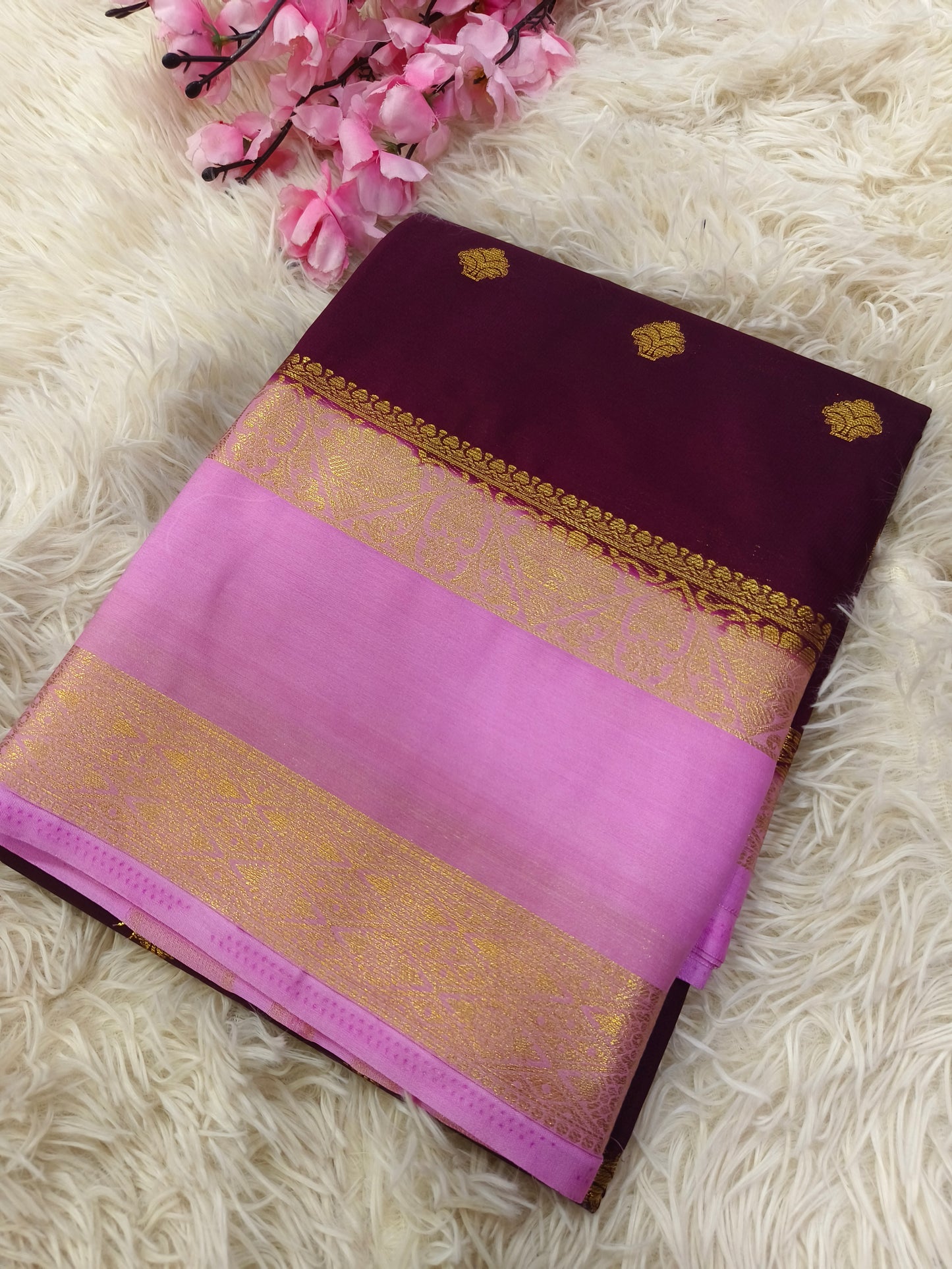 Wine With Baby Pink Semi Mysore crepe silk saree