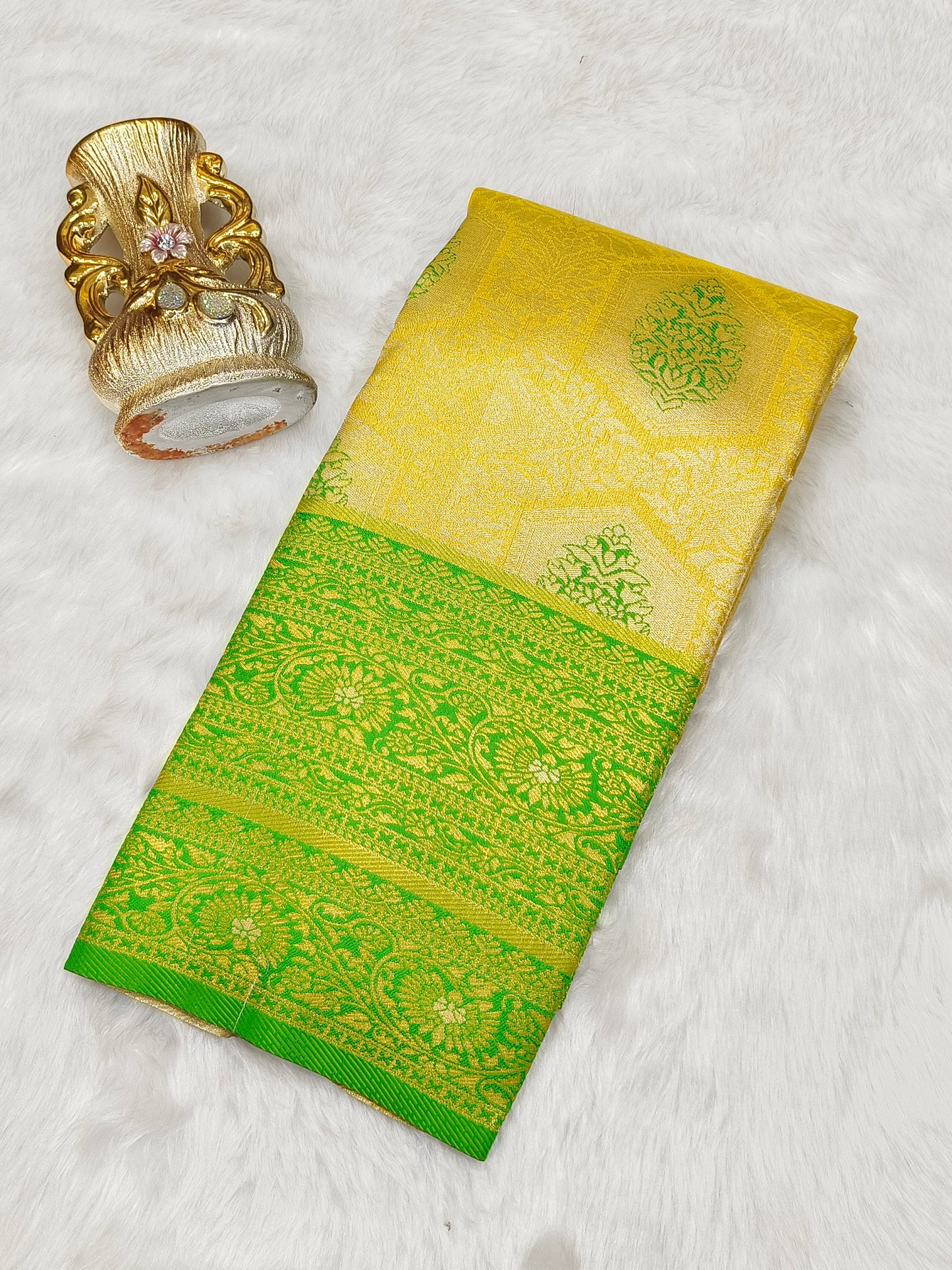 Yellow with Green Semi silk saree