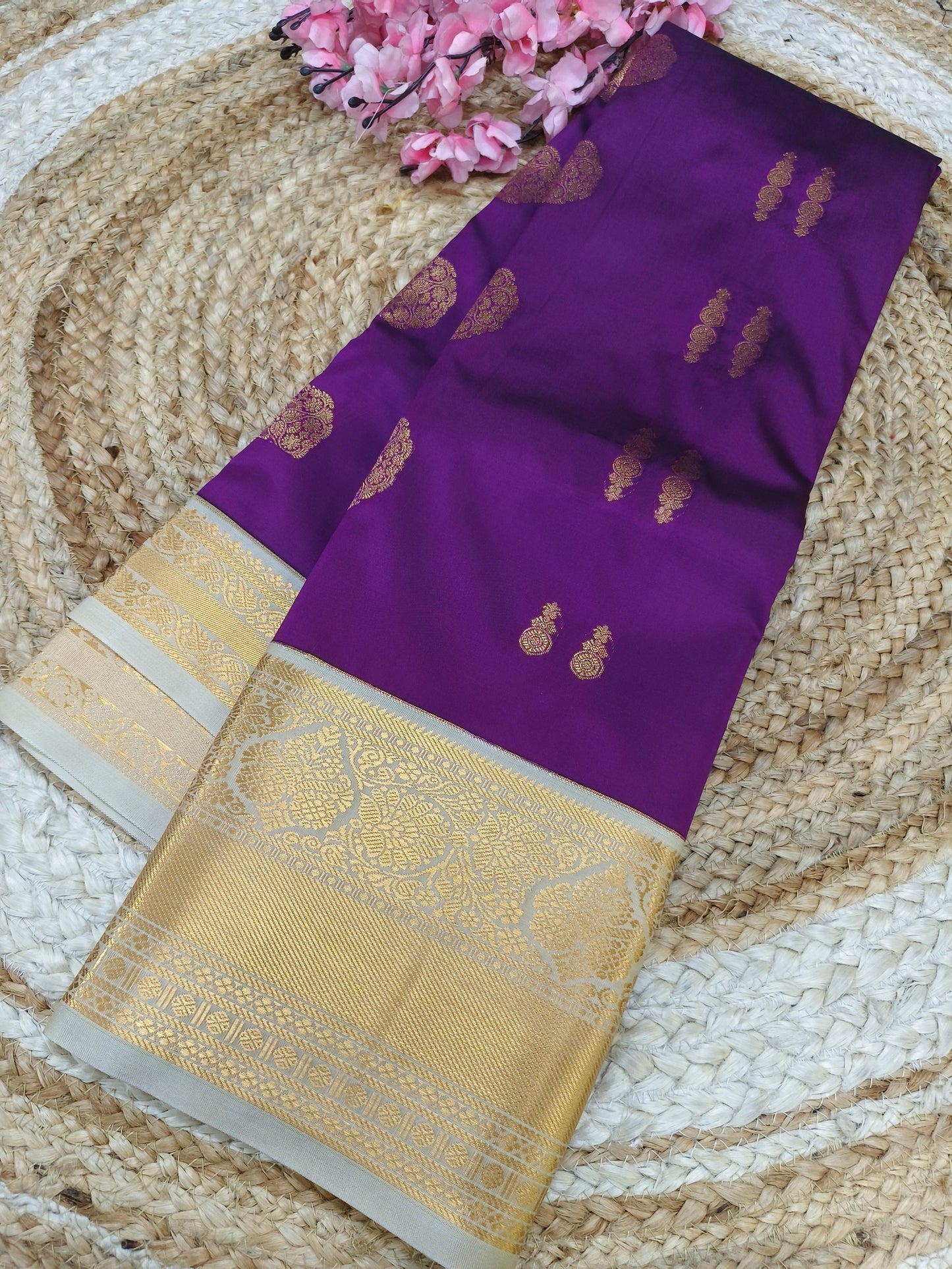 Purple With Cream Elegant soft semi kanjivaram silk saree
