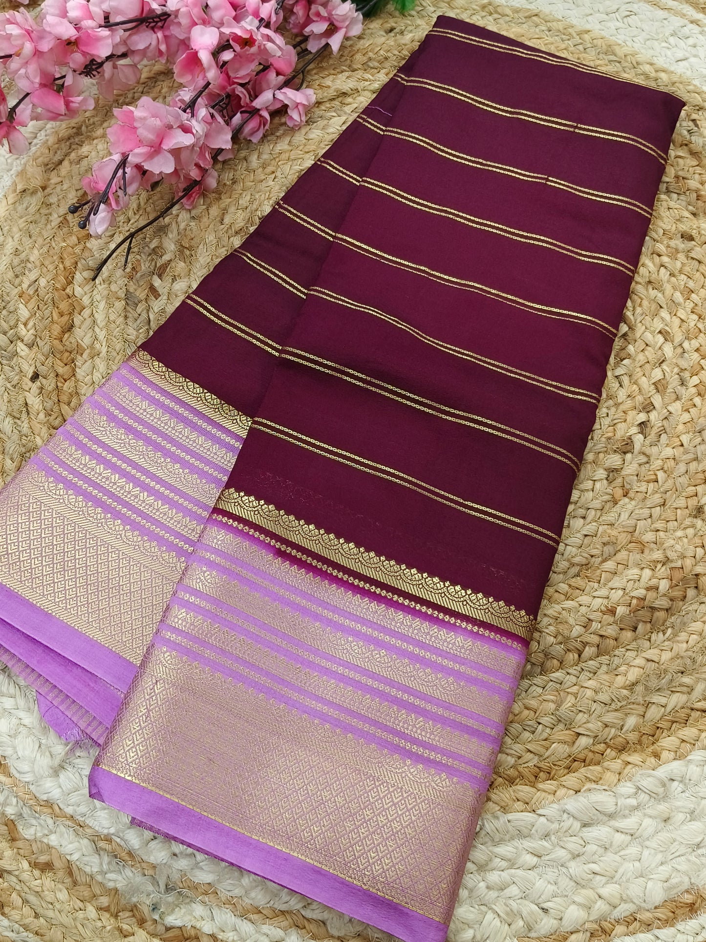 Wine with Rose pink Semi Mysore silk