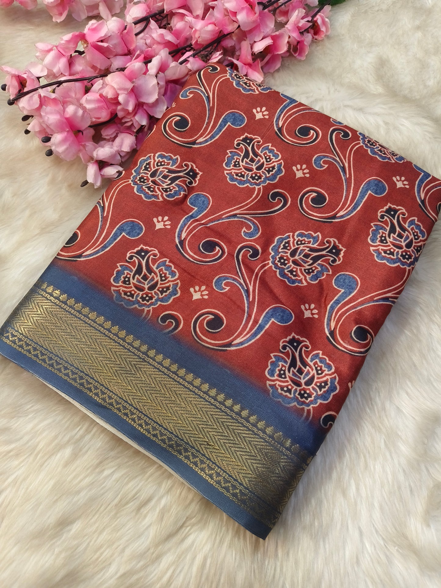 Marron with blue printed silk saree