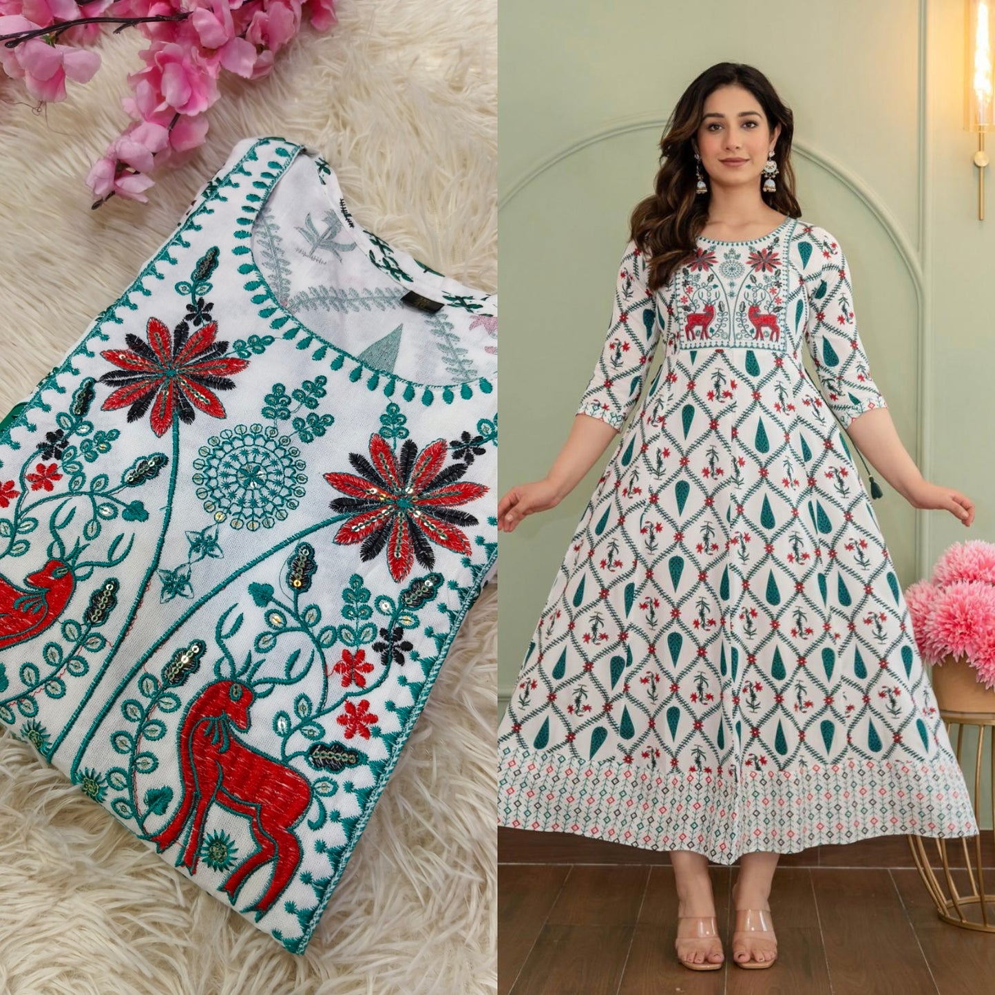 White With Rama Blue Cotton Anarkali Top