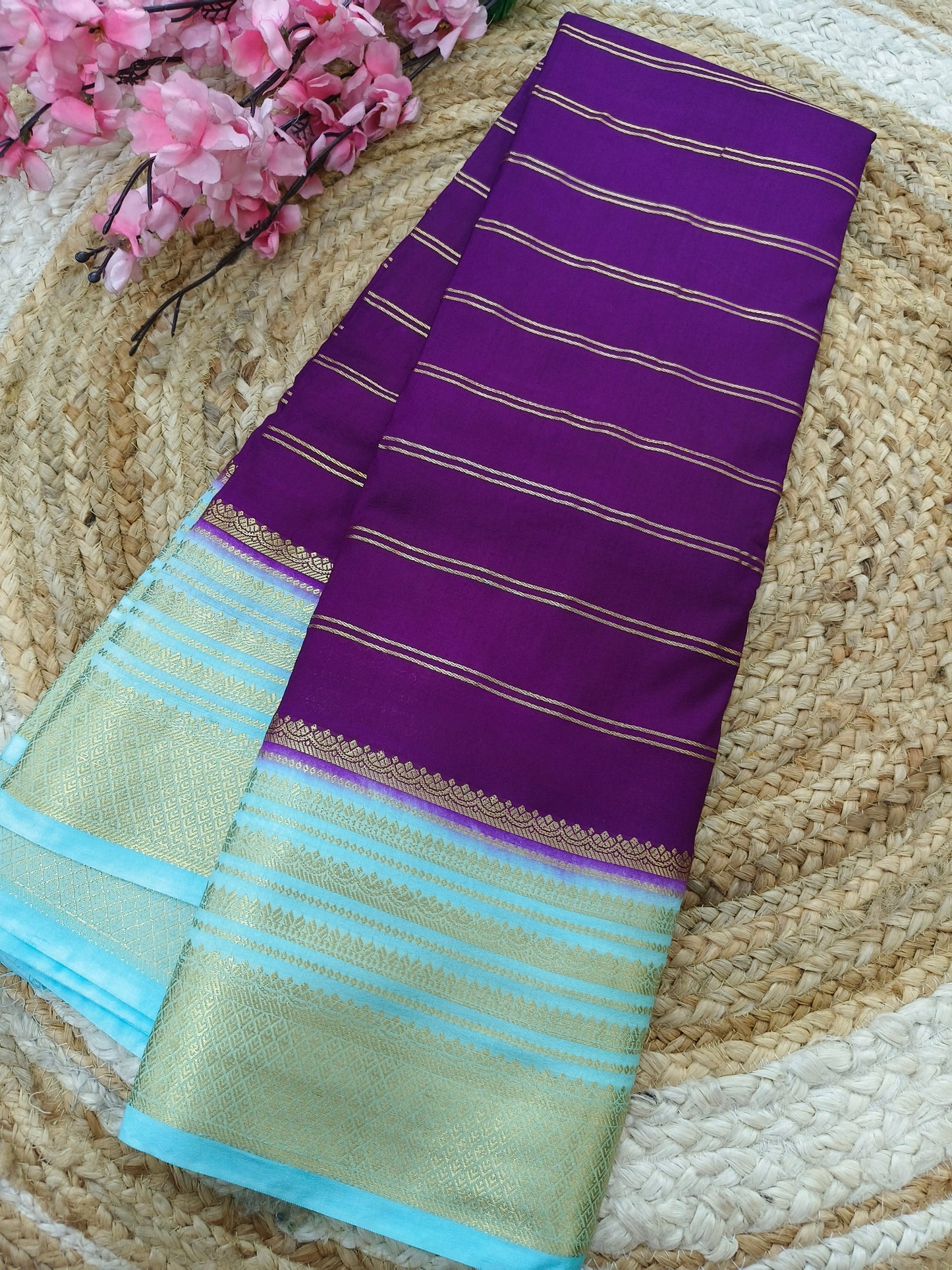 Purple with sky blue Semi Mysore silk