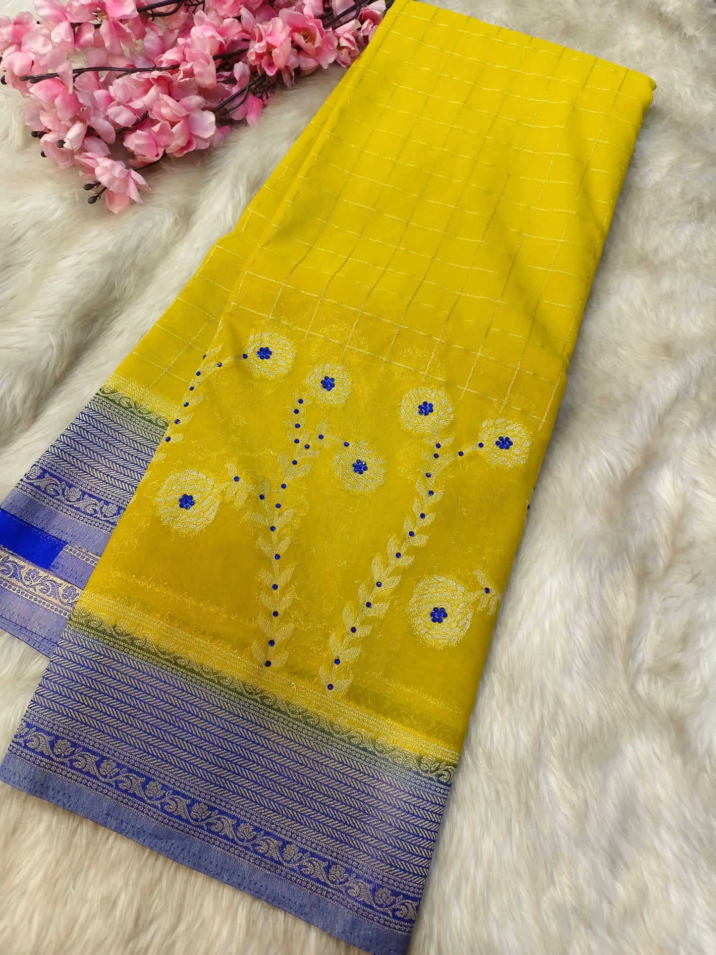 Yellow with purple semi Mysore crepe silk saree