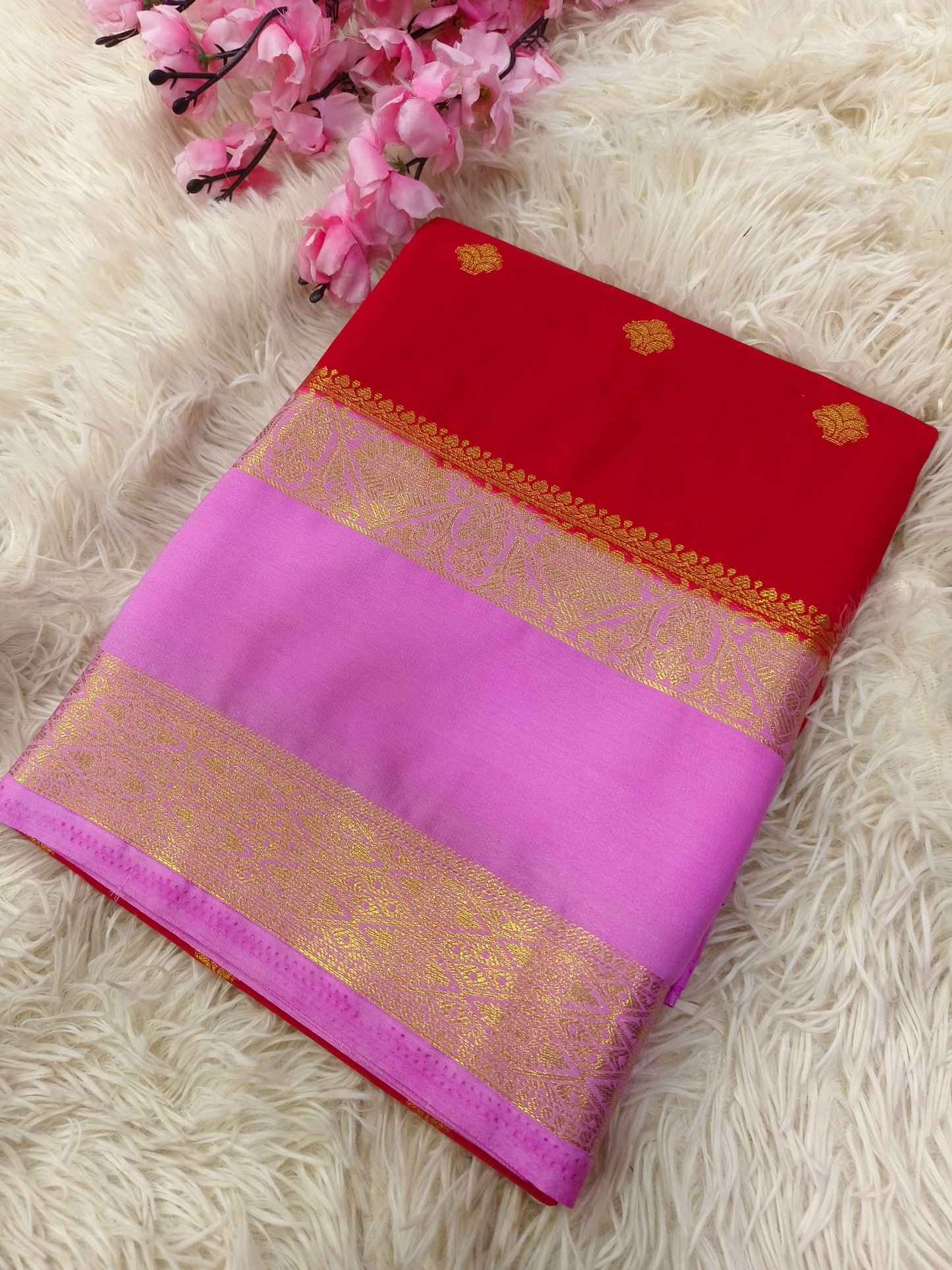 Red With Baby Pink Semi Mysore crepe silk saree