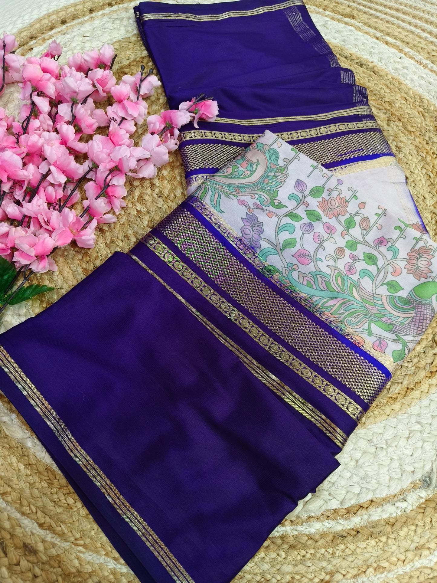 Light Blue with Purple Digital printed semi Mysore crepe silk saree