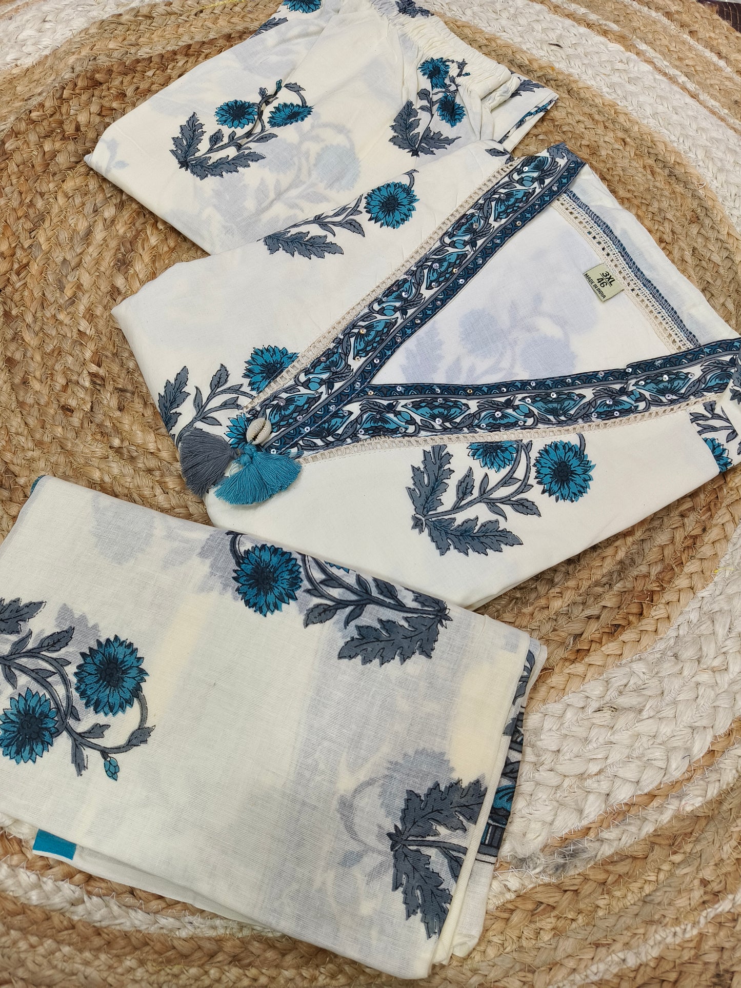 Blue floral printed cotton suit