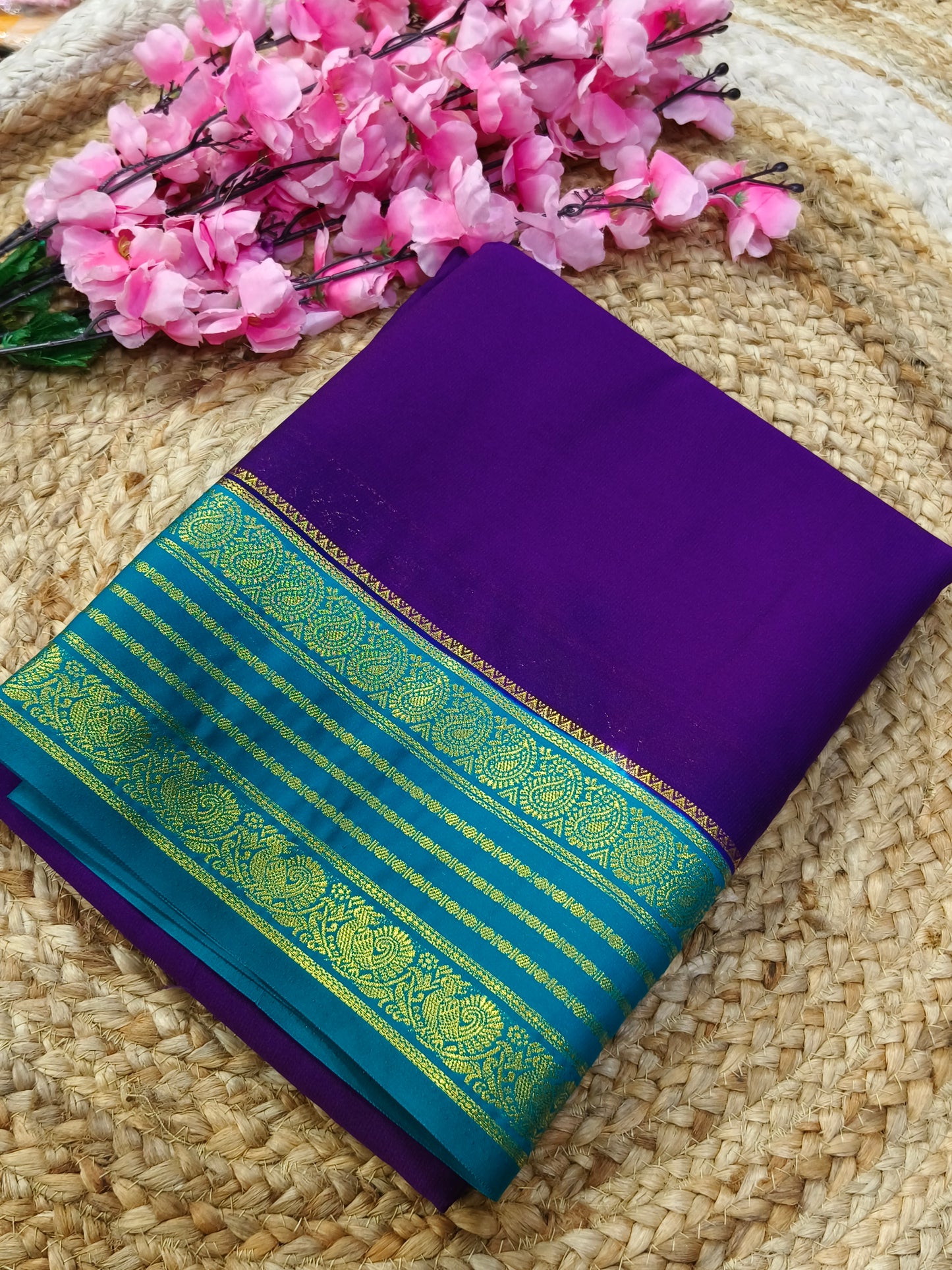 Purple With Blue semi Mysore crepe silk saree