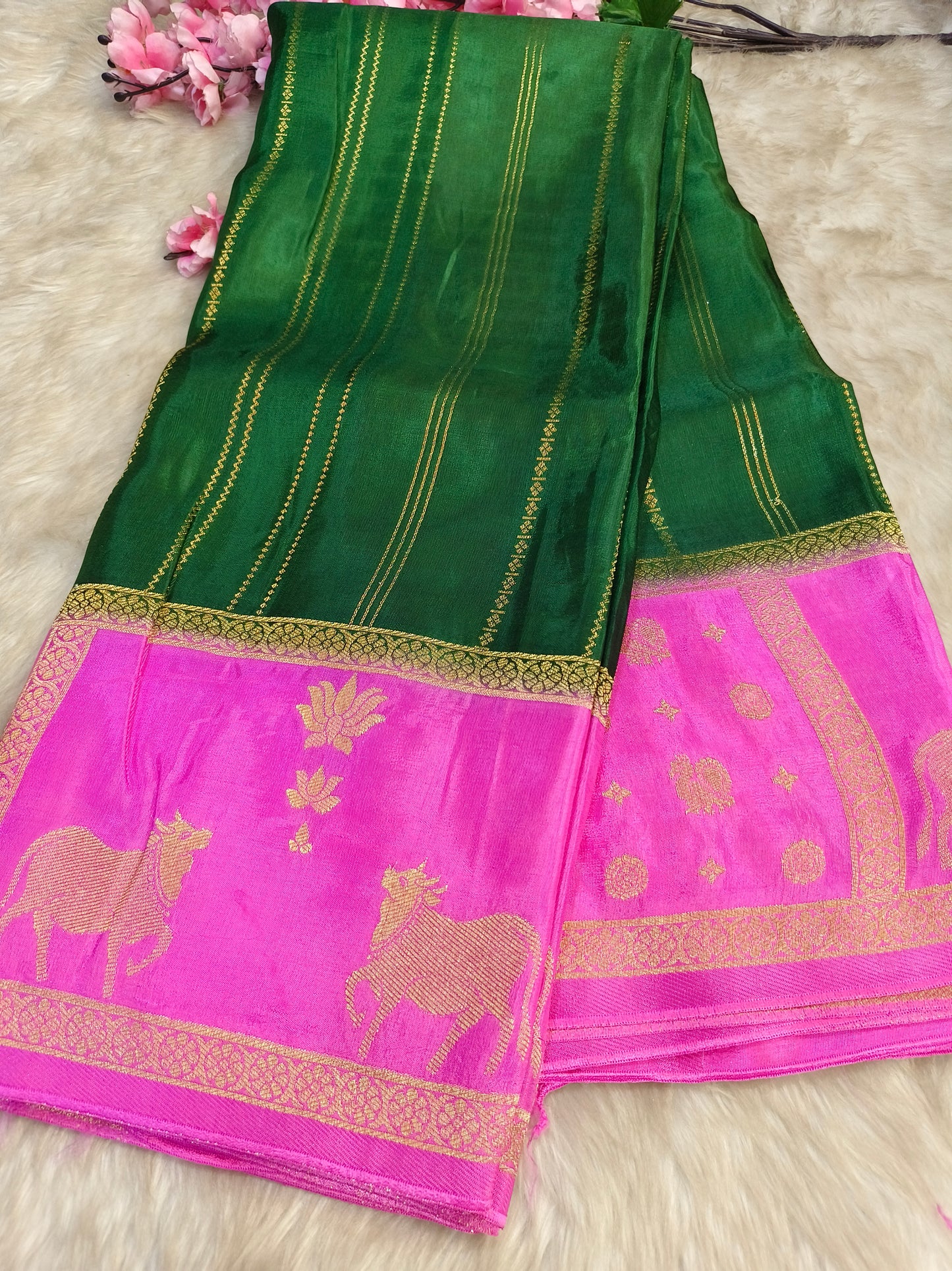 Bottle Green with baby pink Munga silk saree