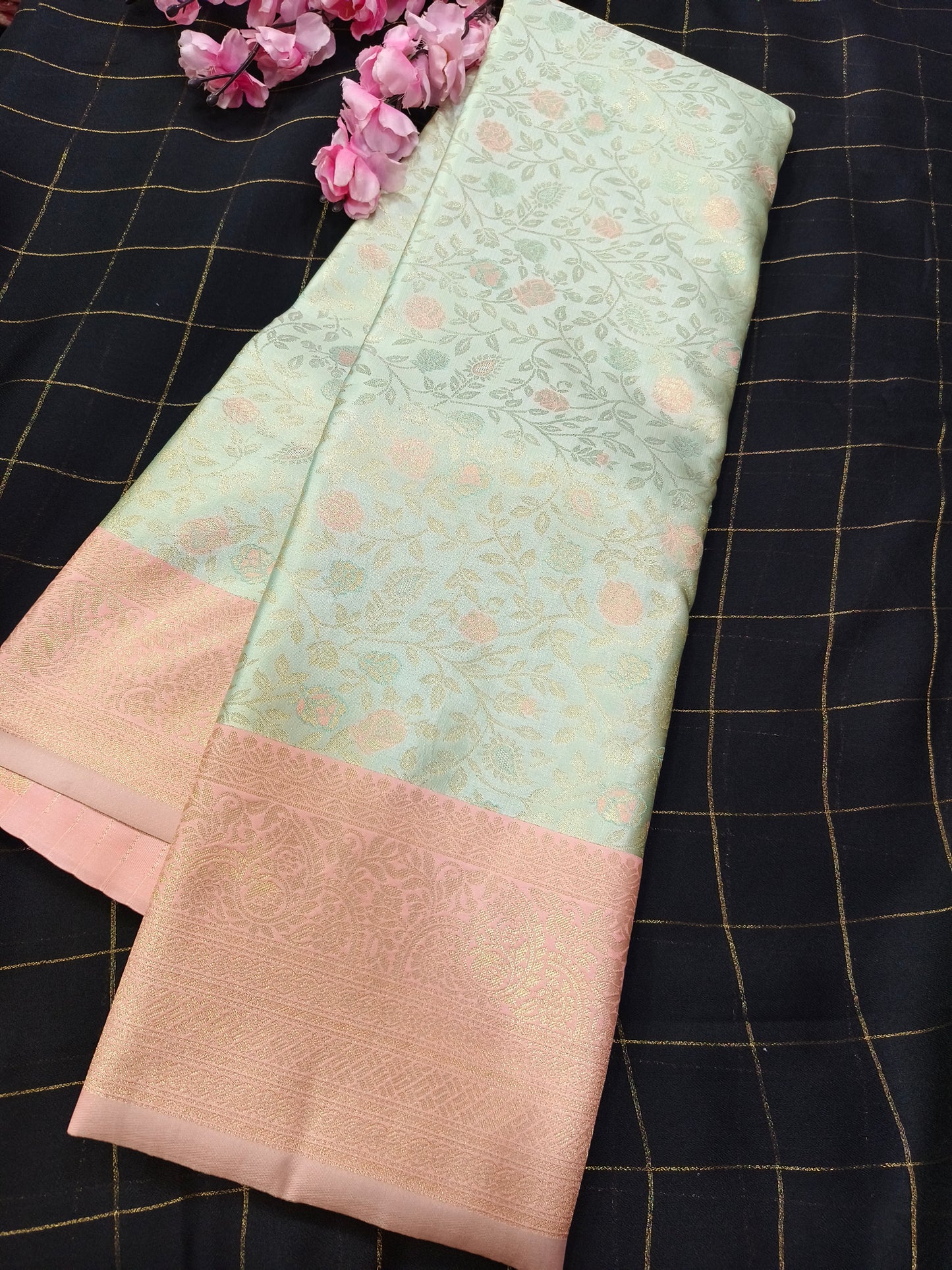 Light Blue With Peach Soft satin Silk saree