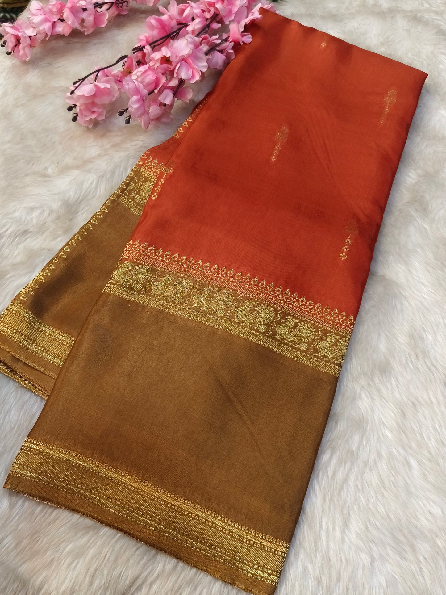 Rustic orange with Brown pink Munga silk saree