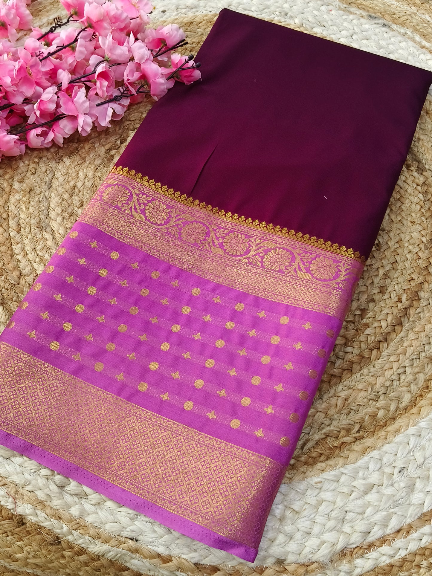 Wine with lavender semi Mysore crepe silk saree