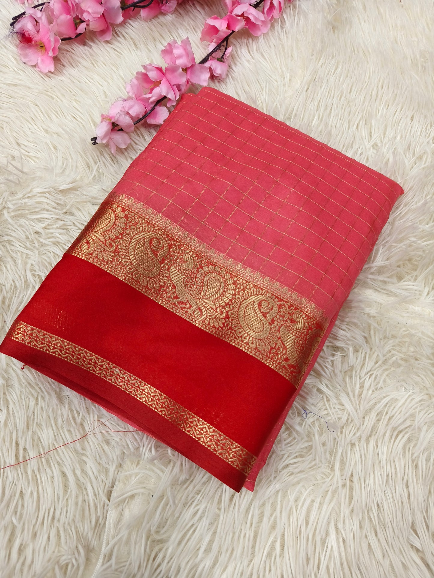 Peach with red semi Mysore crepe silk