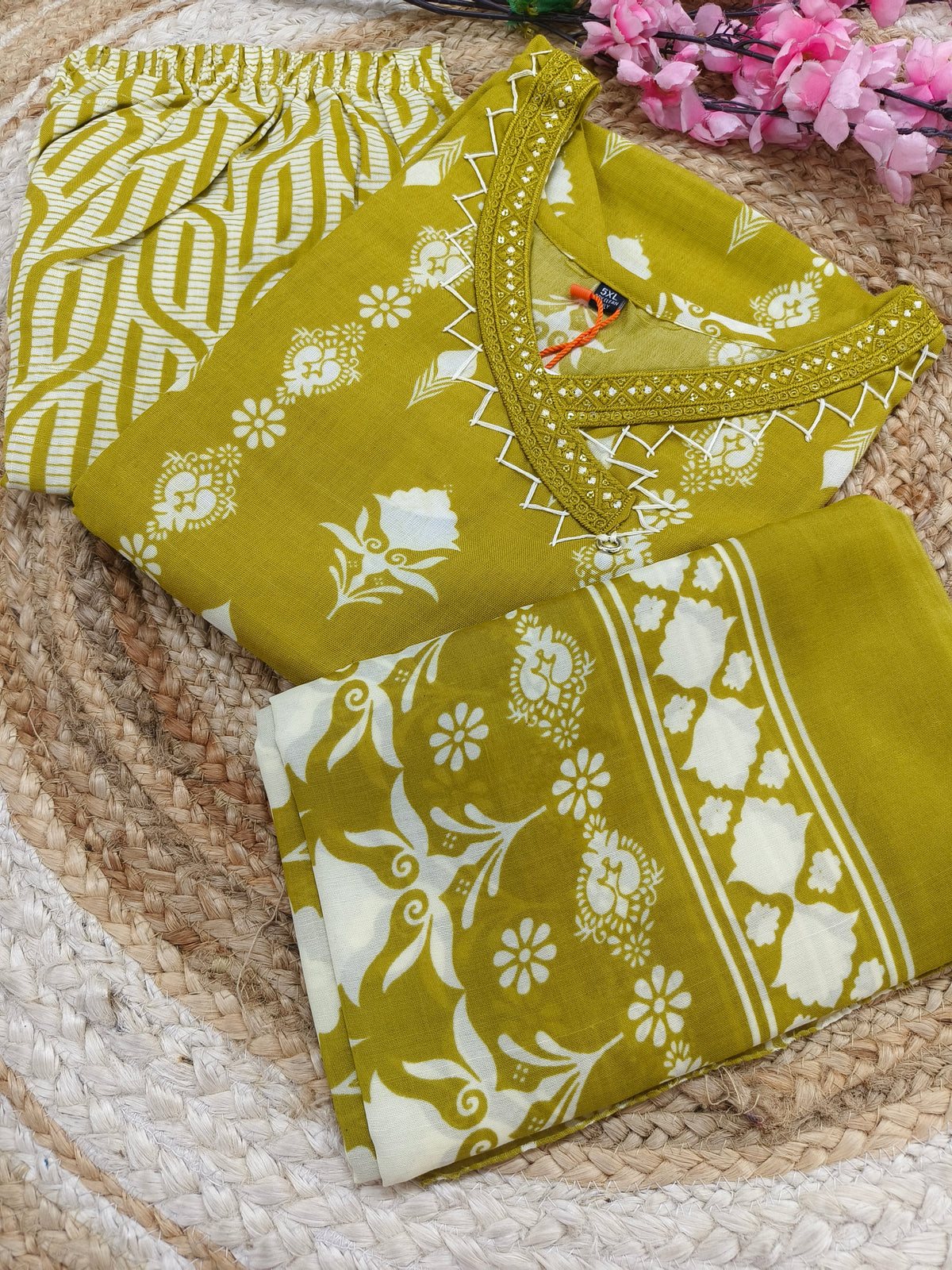 Lime yellow cotton sets with duppatta