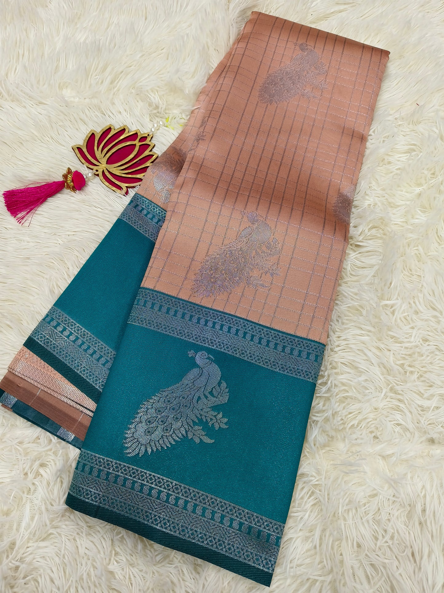 Peach with rama green Mercidised silk saree