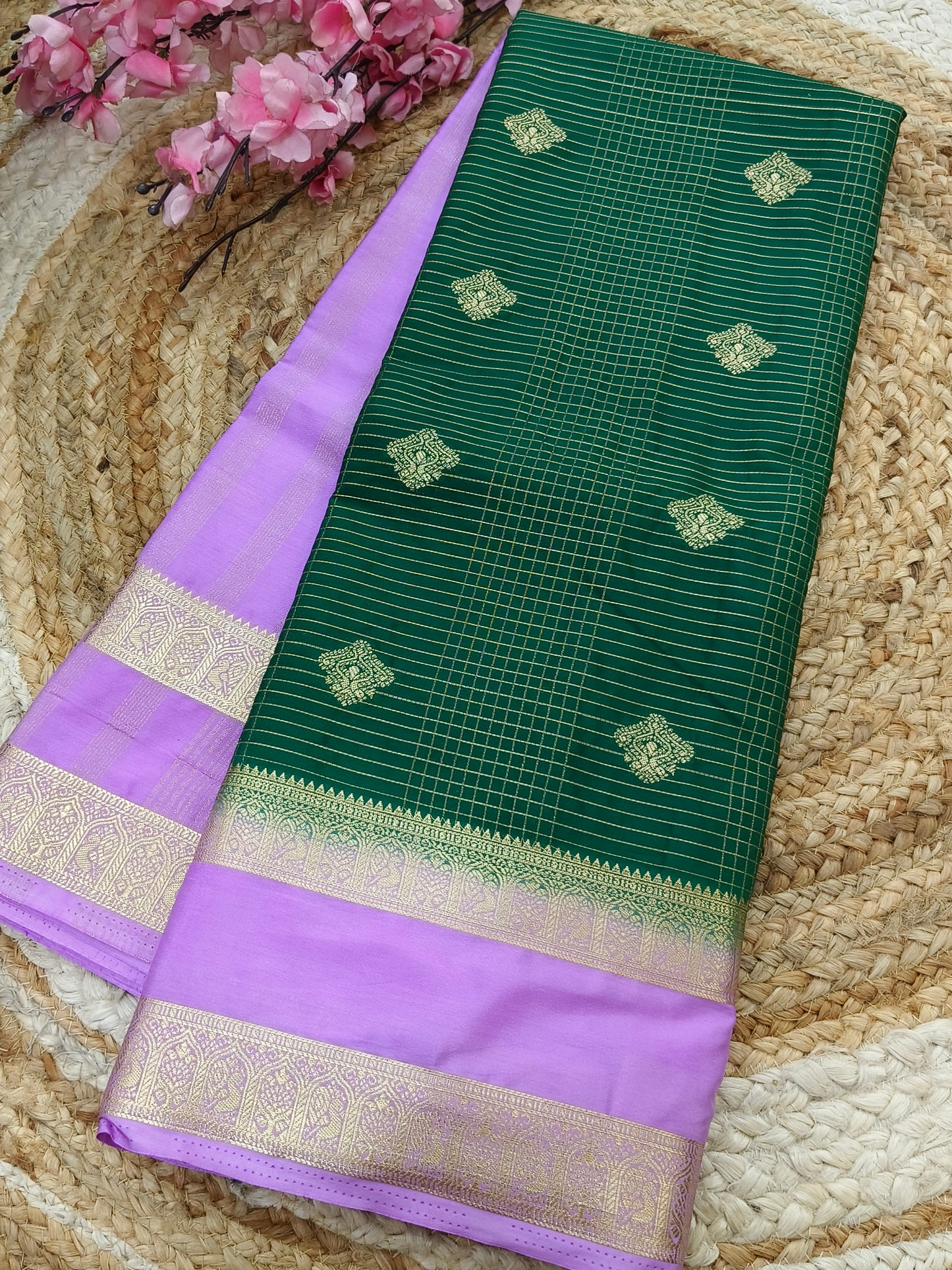 Bottle Green with Light Pink Semi Mysore silk