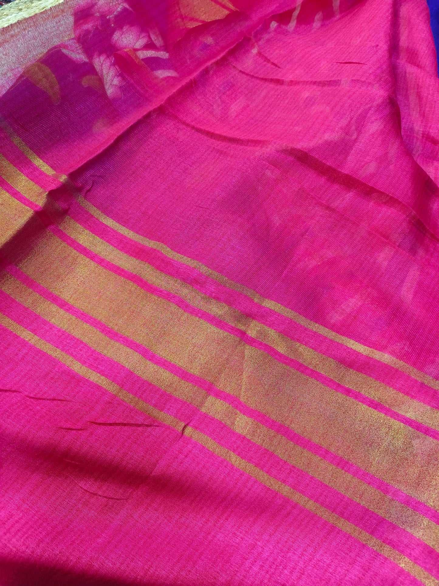 Pink with Blue 2D Linen cotton saree