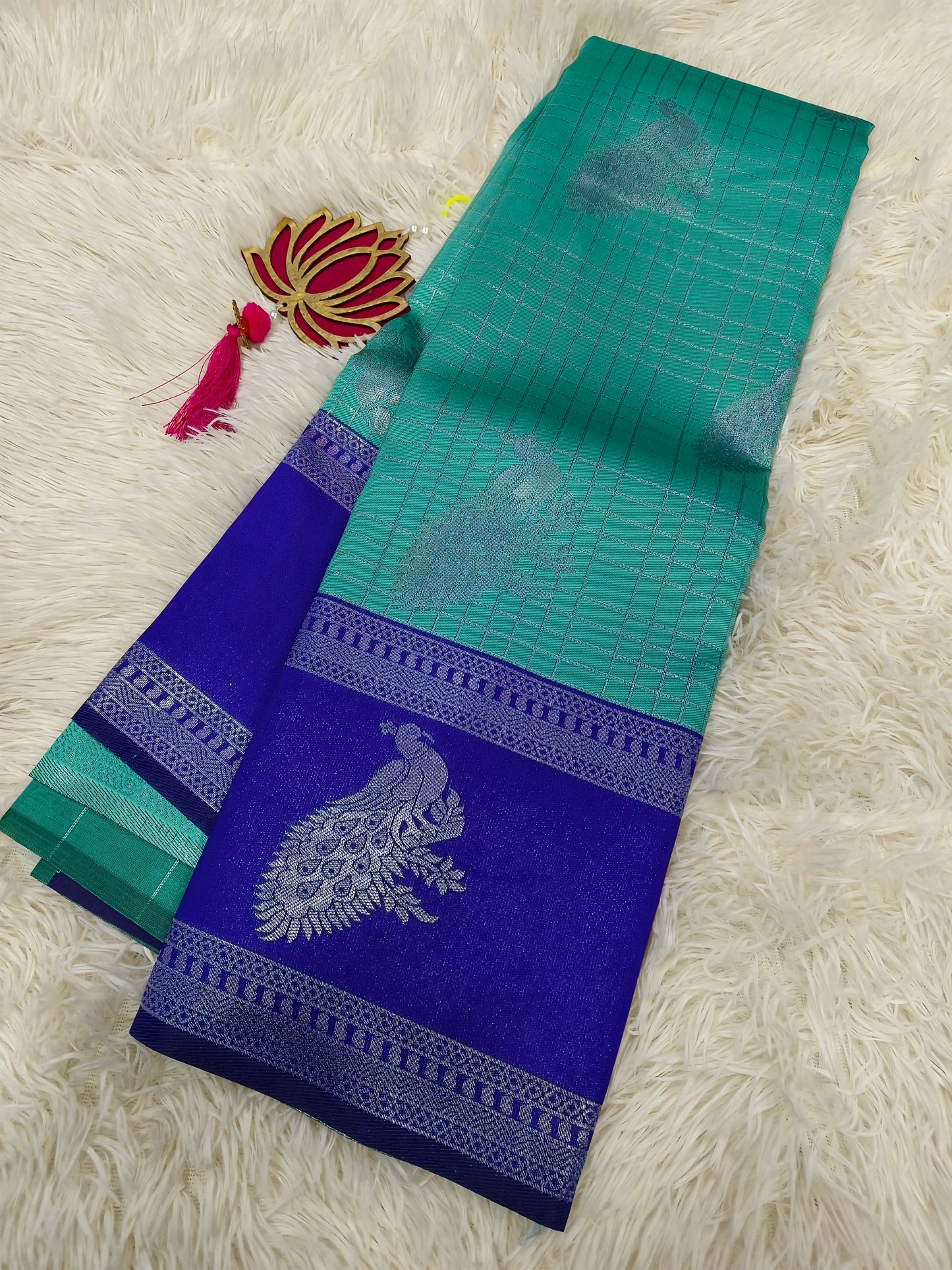 Pine green with blue Mercidised silk saree