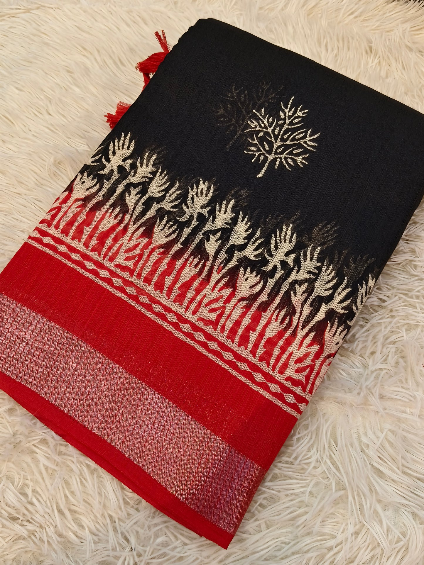 Black With Red Lenin Silk saree