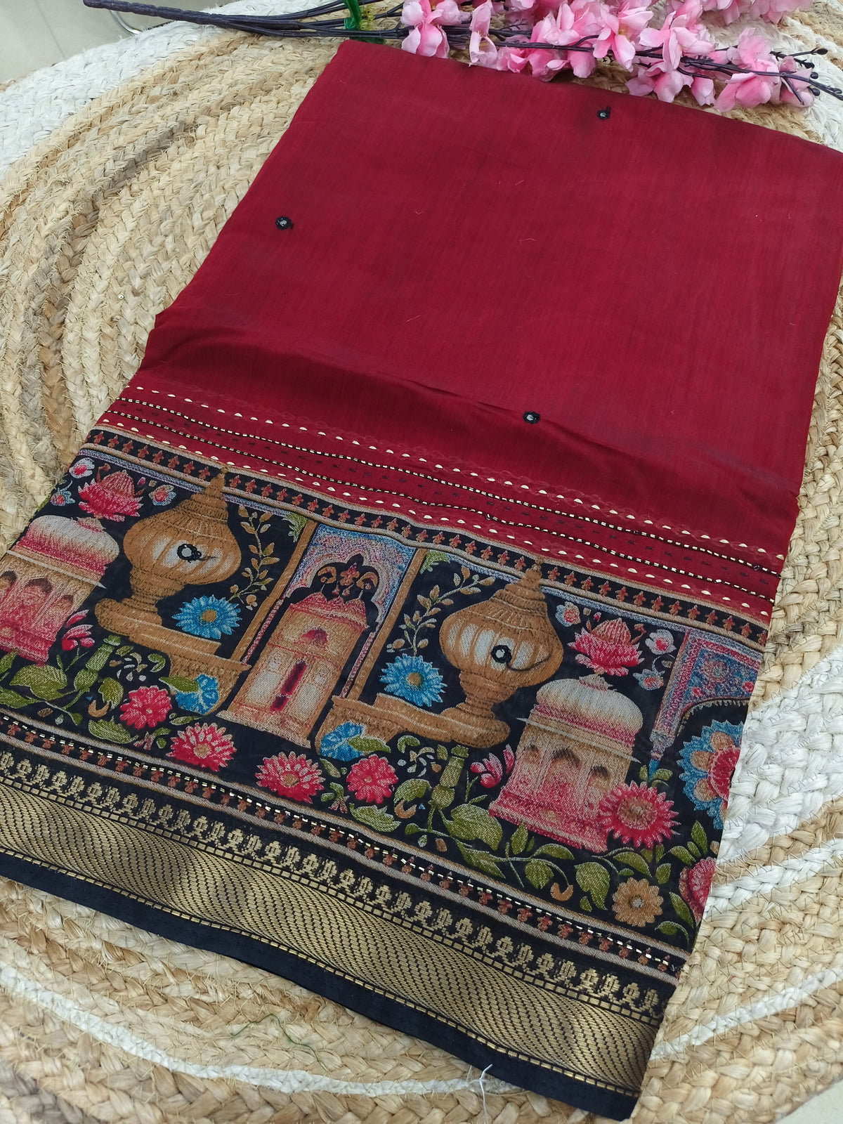 Maroon with black Printed Cotton Silk Saree
