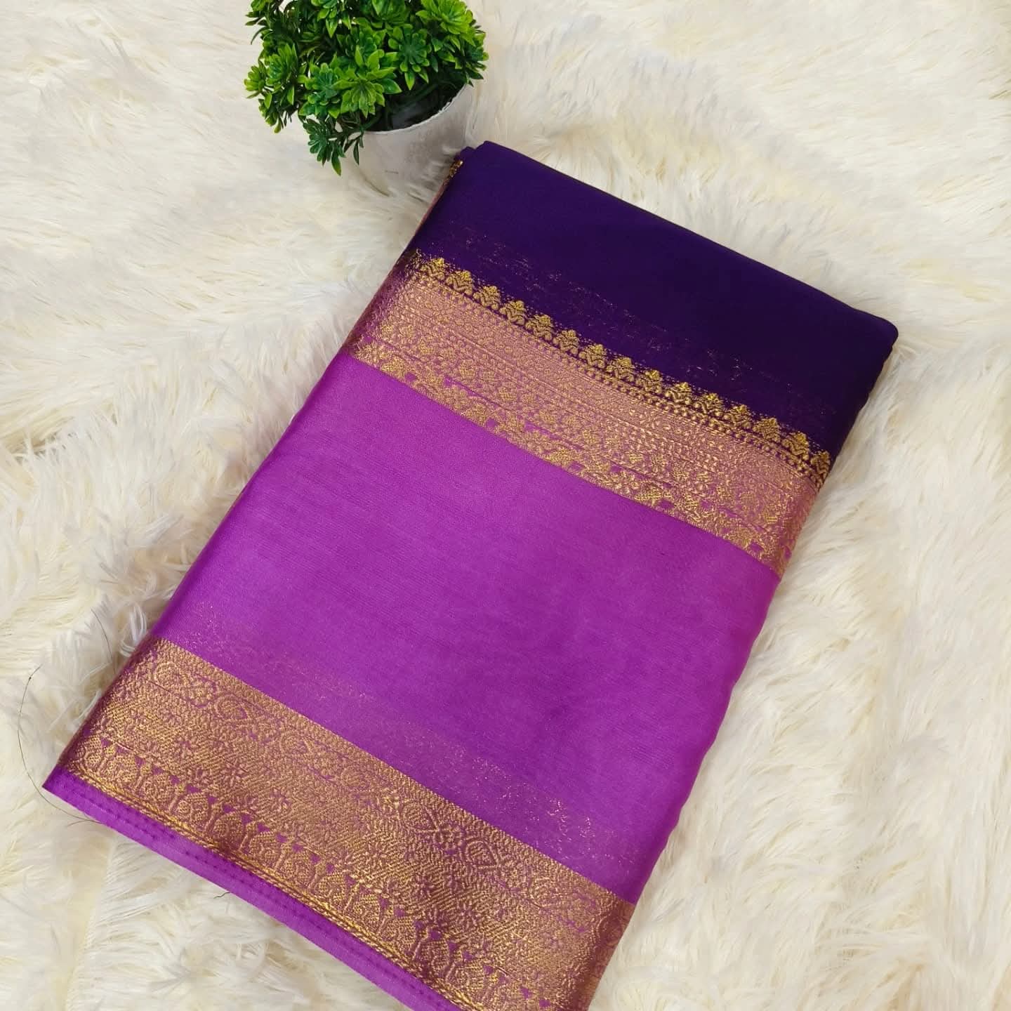 BLUE WITH LOTUS PINK SEMI MYSORE CREPE SILK