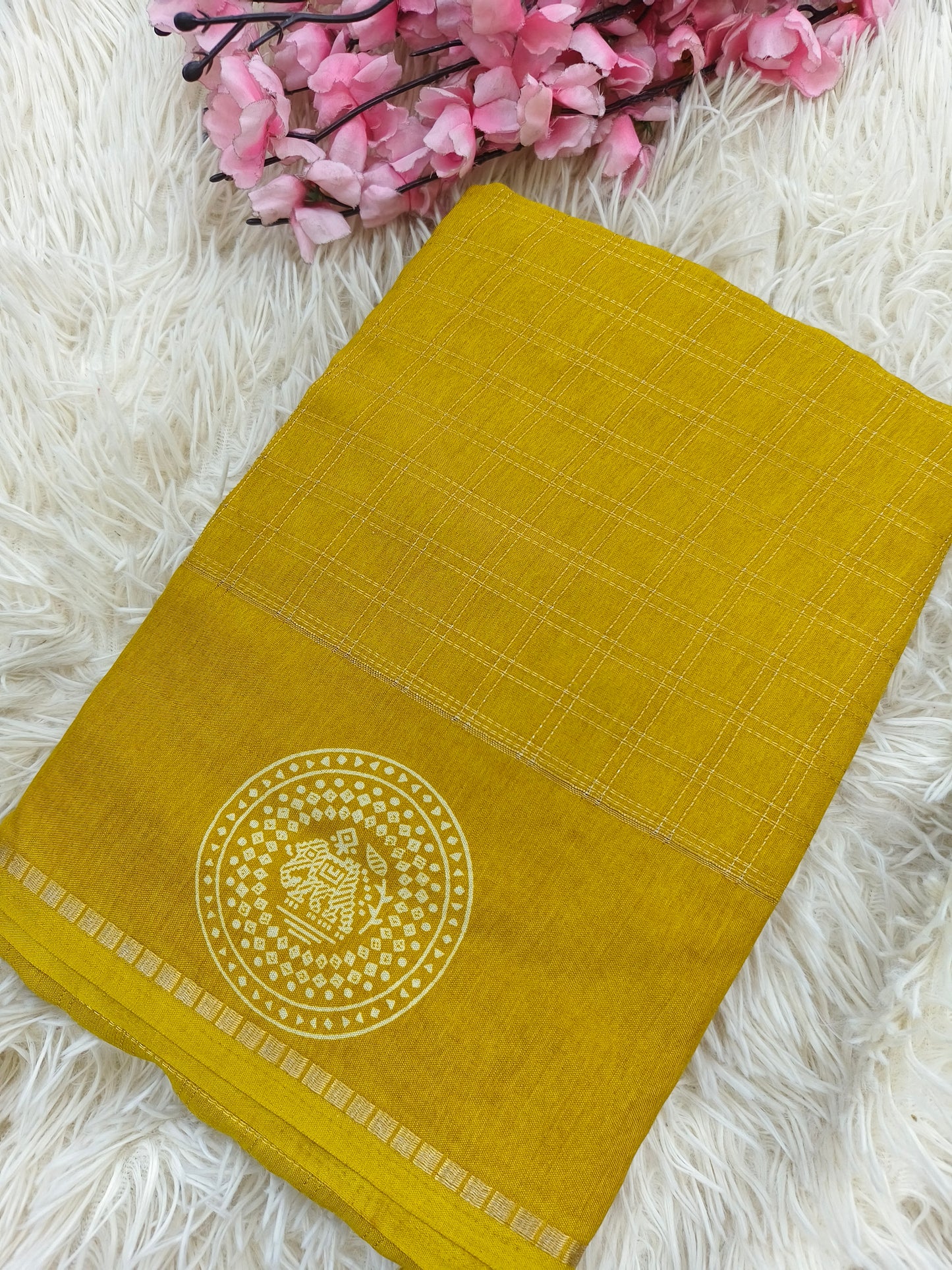 Golden yellow saree with zari chex