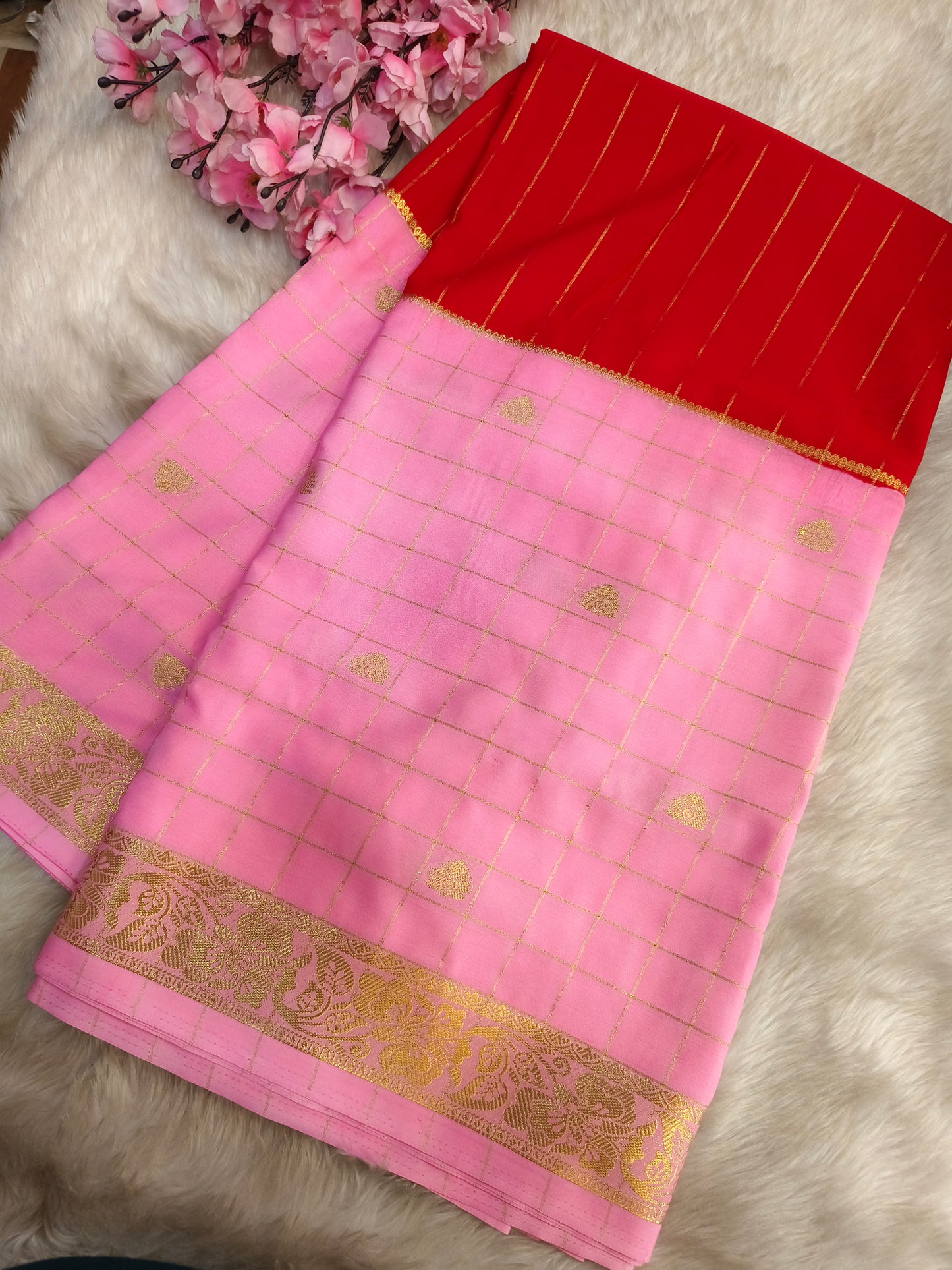Red with pink semi Mysore crepe silk saree