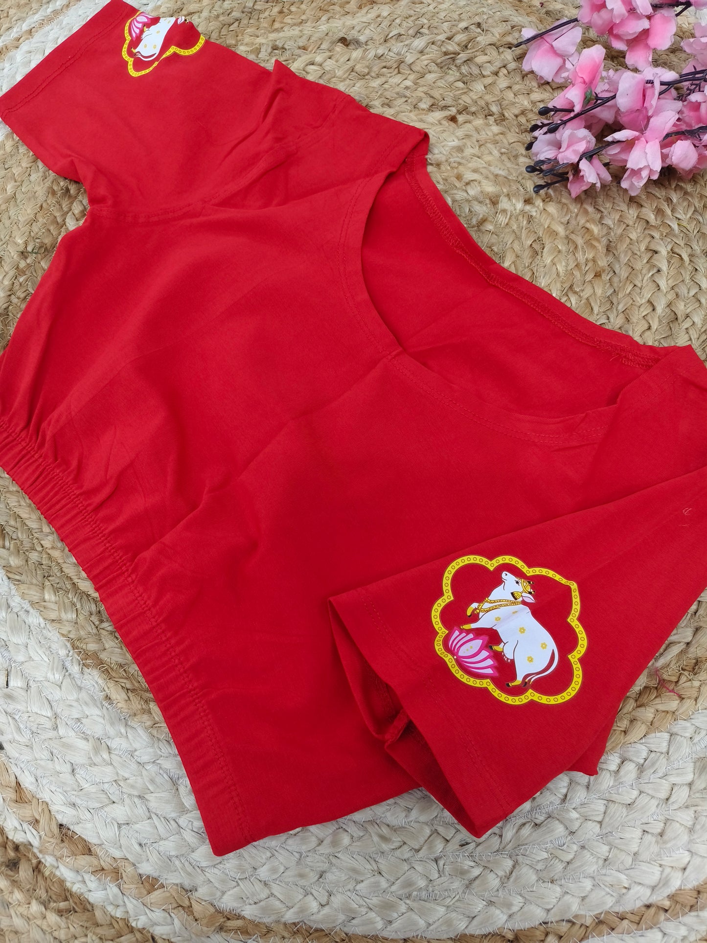 Red Stretchable blouse with unique printed design