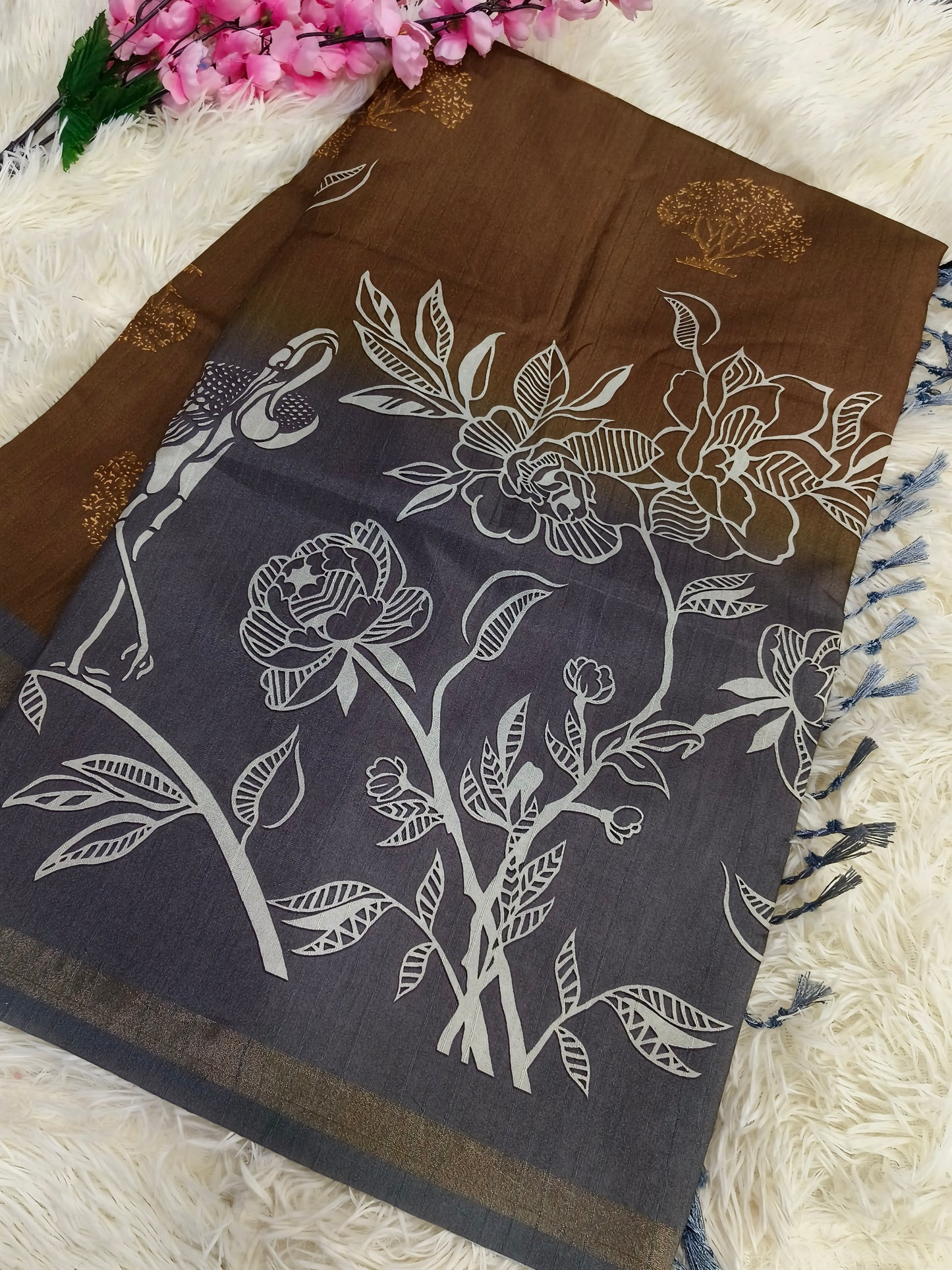 Brown With Grey Tussar silk saree