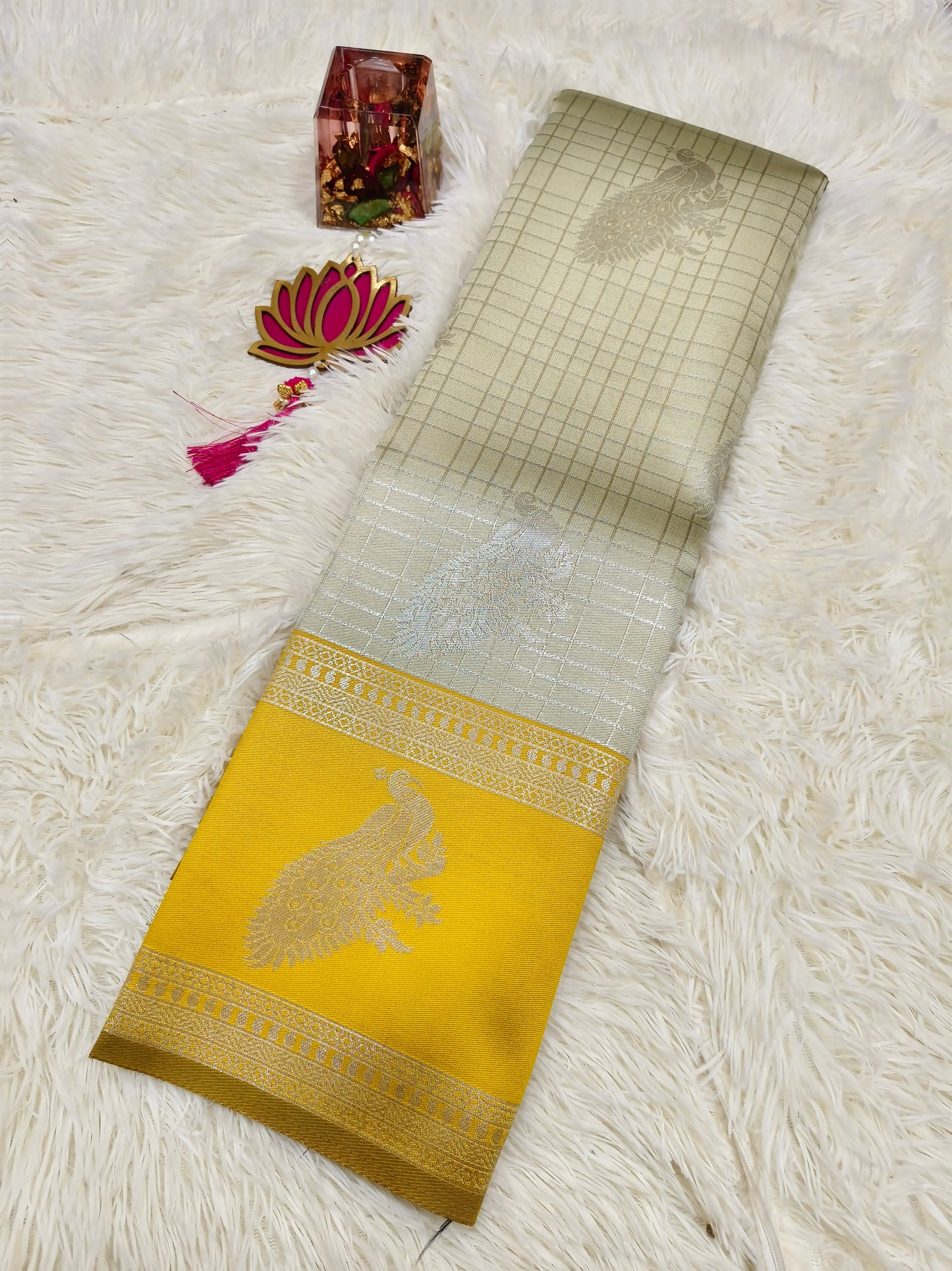 Cream with Yellow Mercidised silk saree