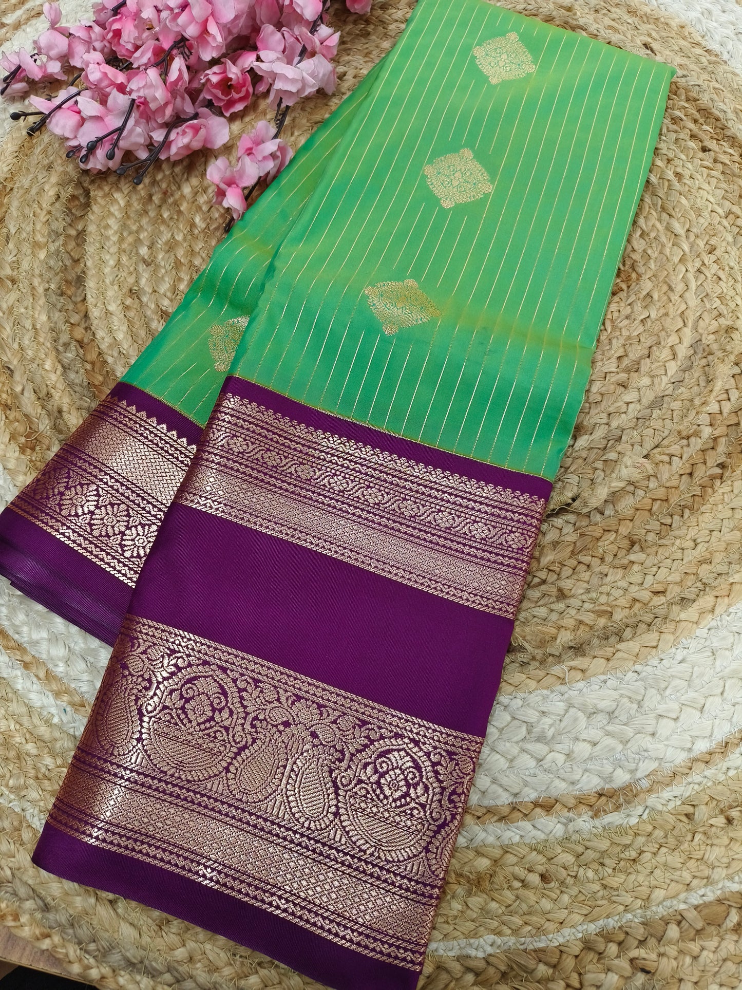 Pista green with purple Elegant soft semi kanjivaram silk saree