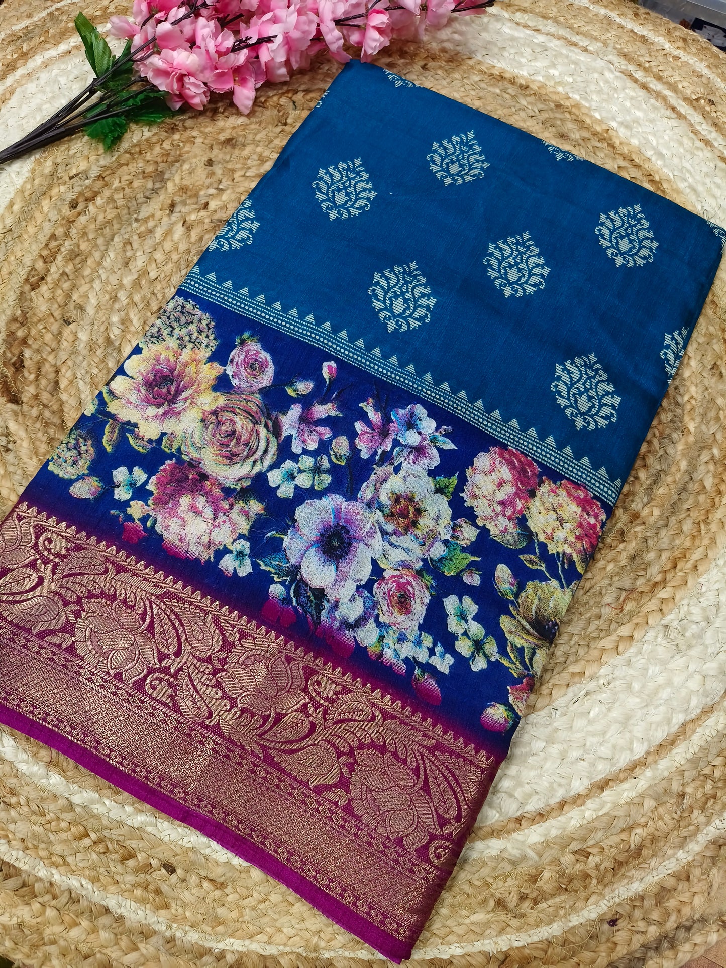 Blue with pink Binny silk saree