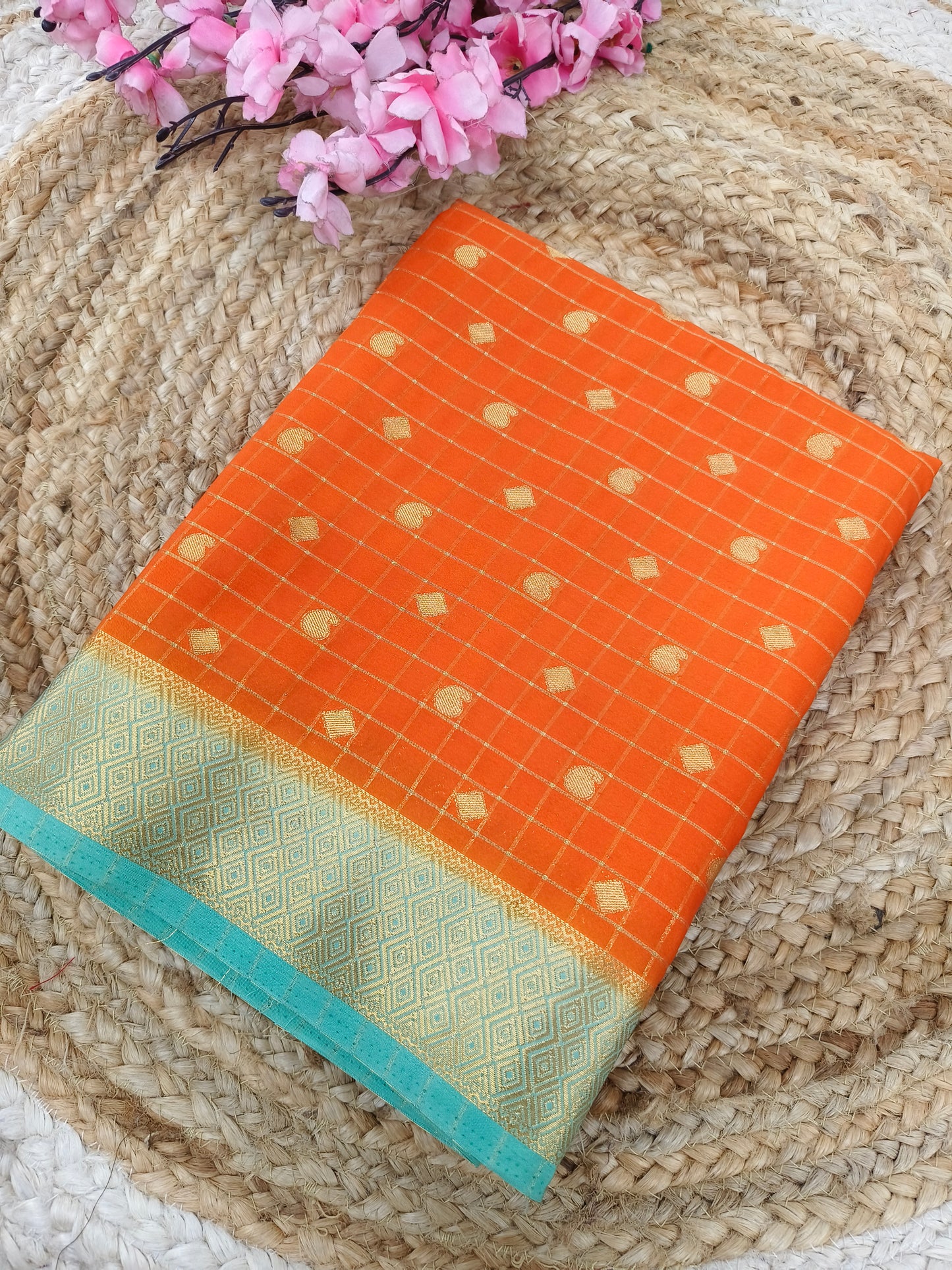 Orange with Light Blue Semi Mysore silk