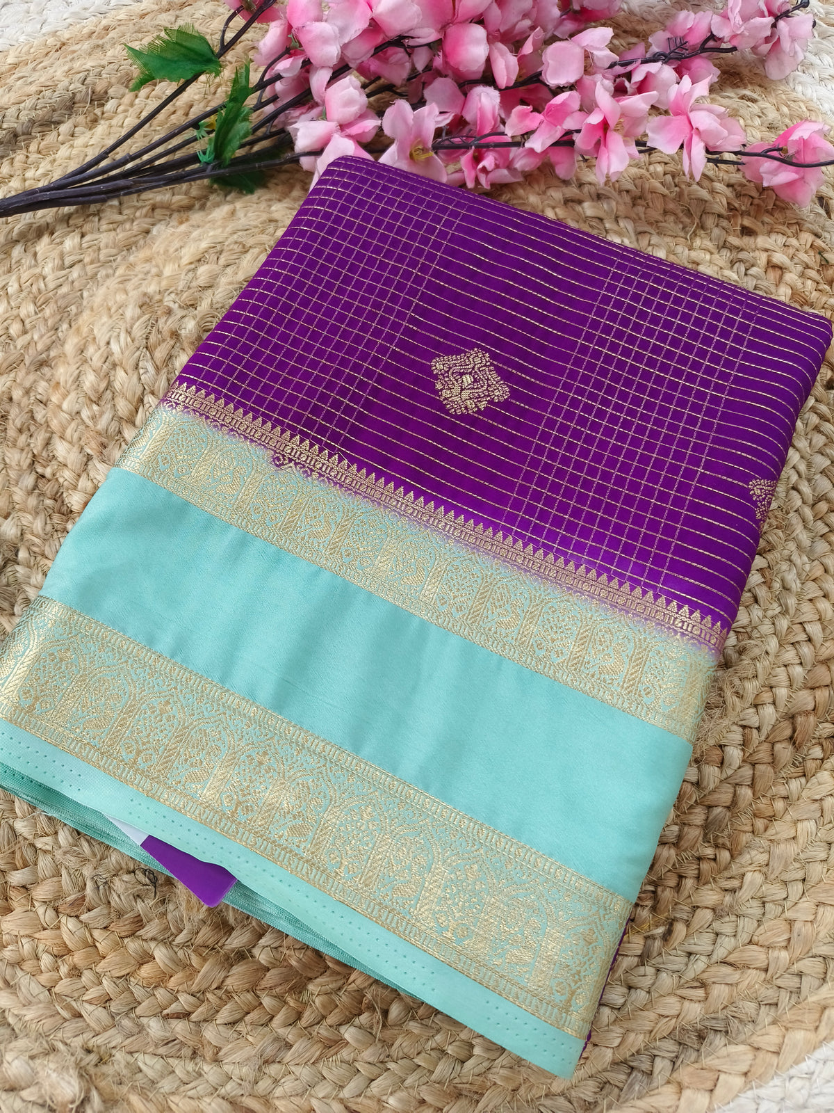 Purple with light blue semi Mysore silk saree