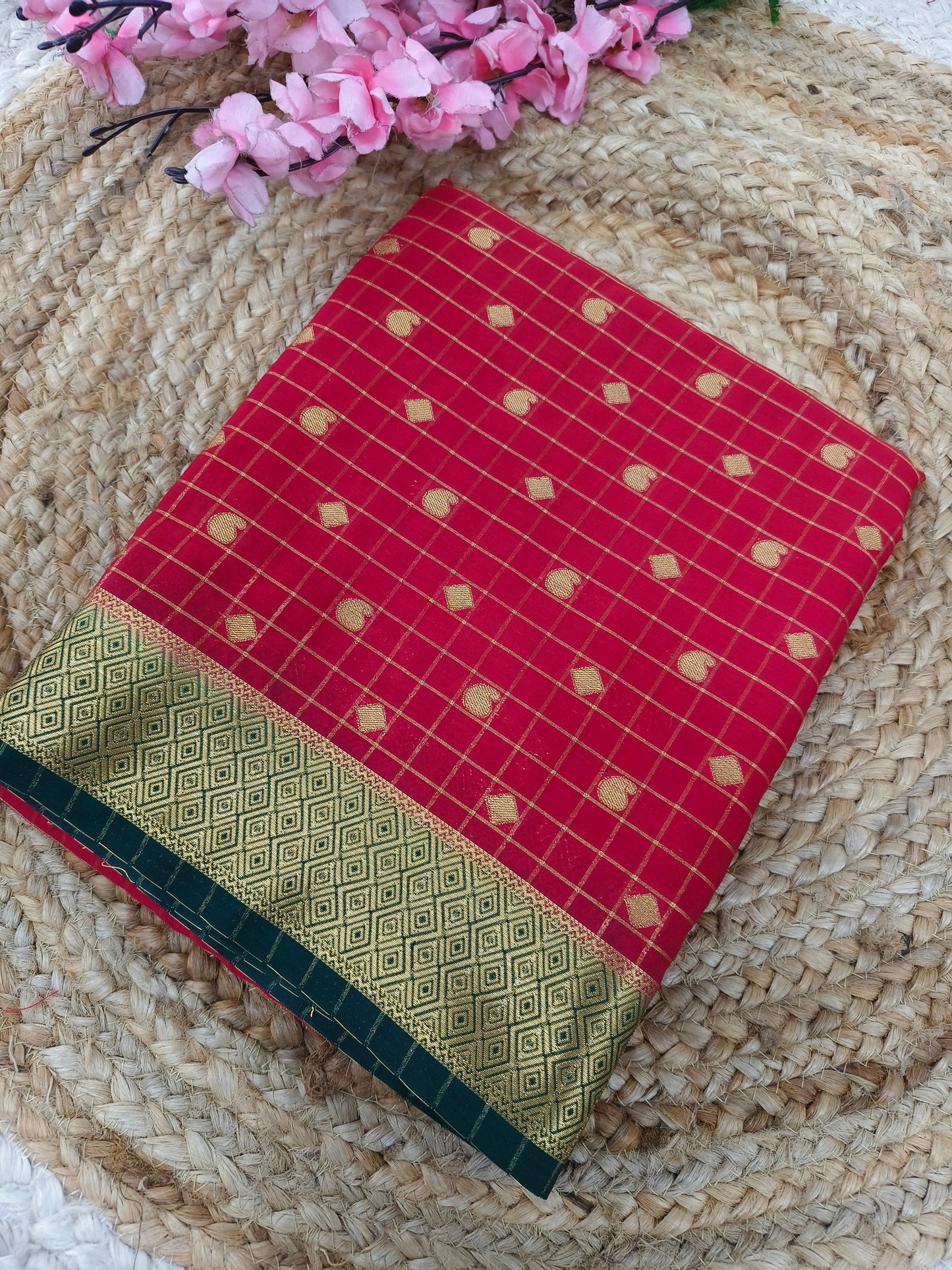 Red with bottle green Semi Mysore silk