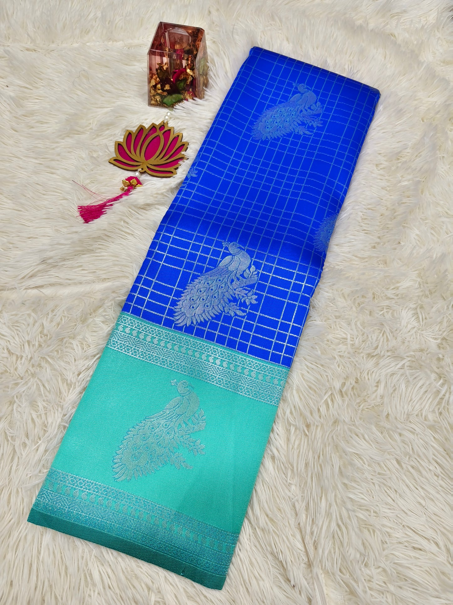 Royal blue with sea blue Mercidised silk saree