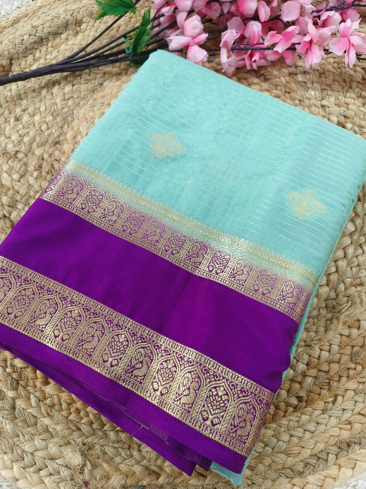 Light blue with purple semi Mysore silk saree