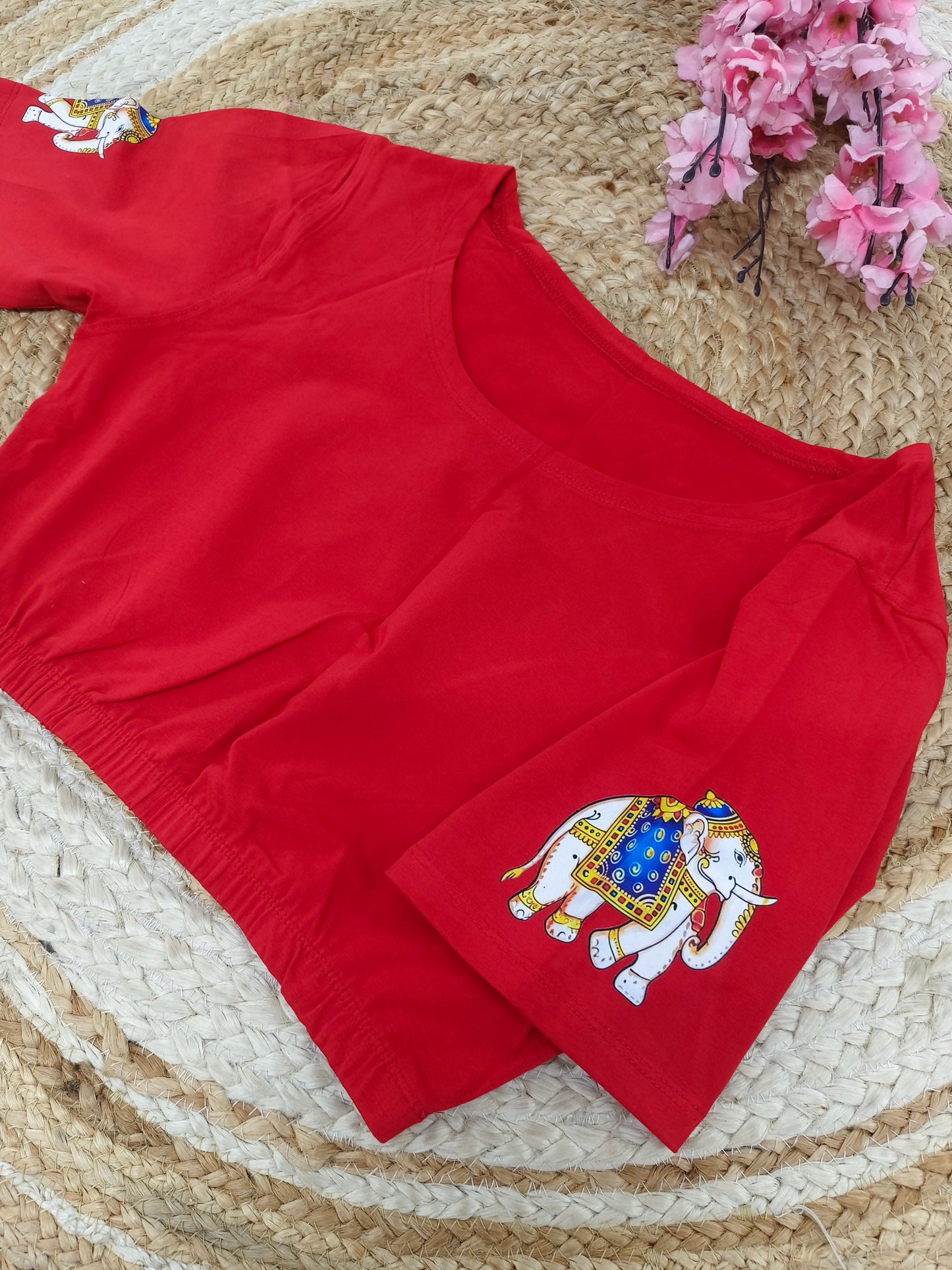 Red Stretchable blouse with unique printed design